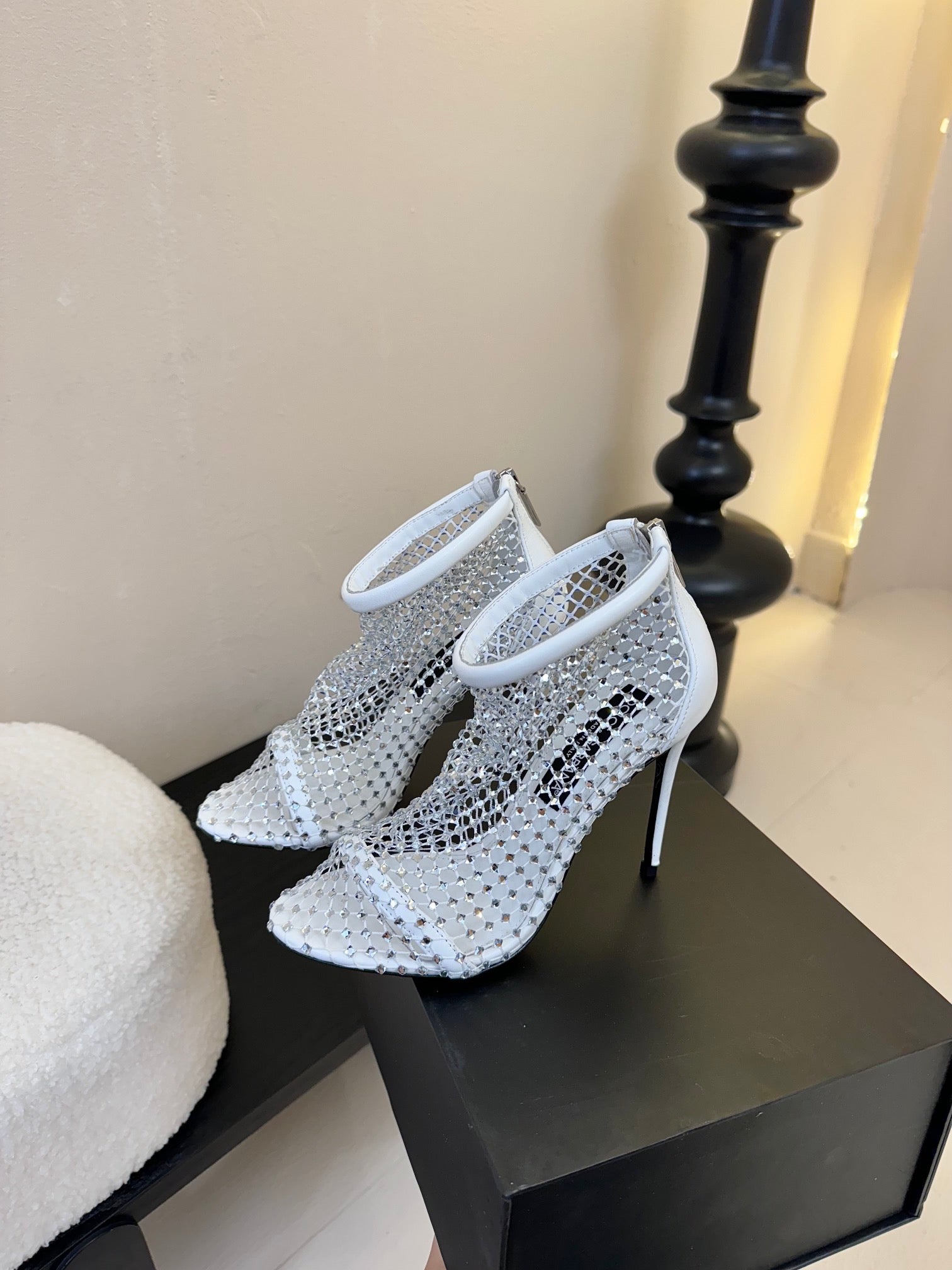 DC Pumps White Rhinestone Mesh & Sheepskin 297012