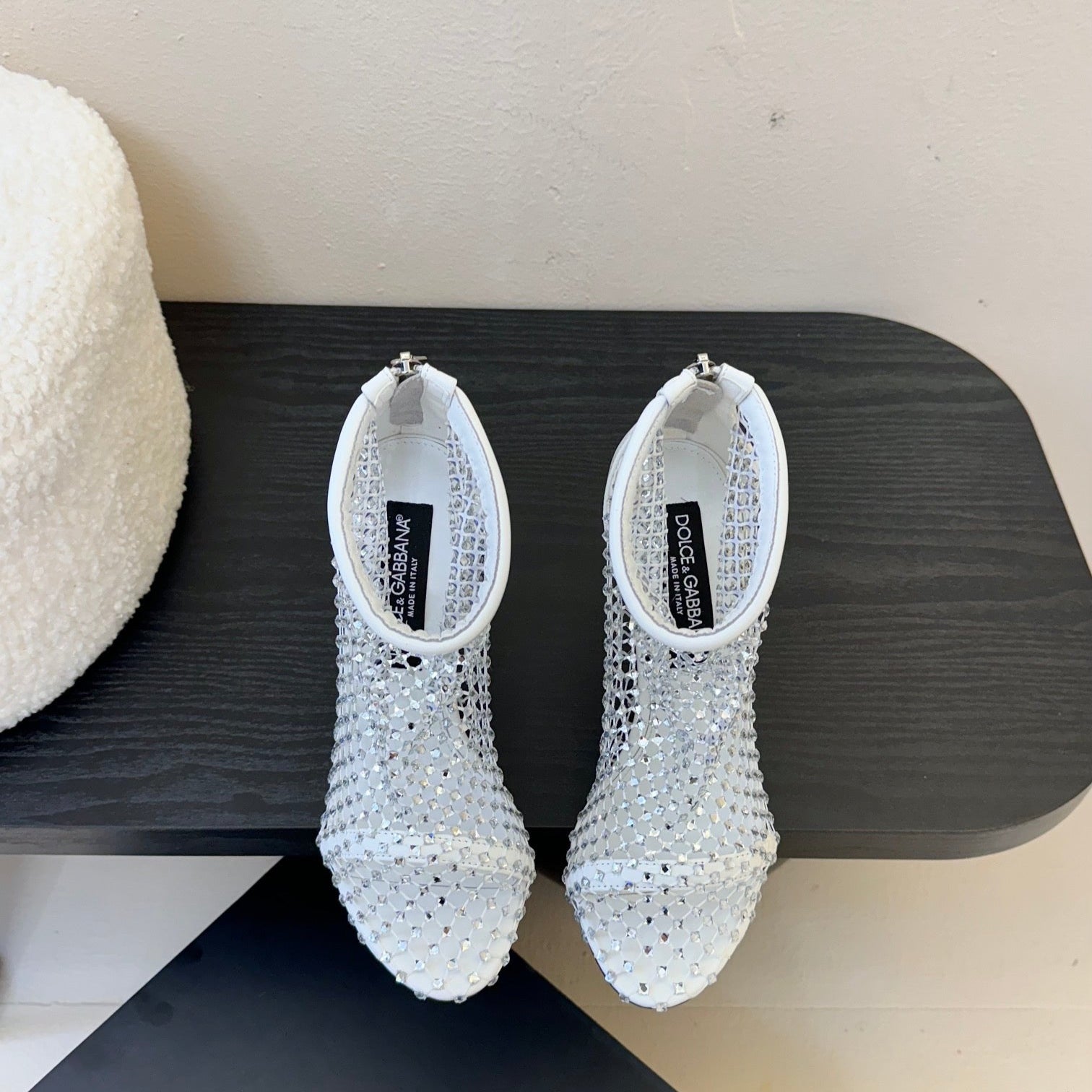 DC Pumps White Rhinestone Mesh & Sheepskin 297012
