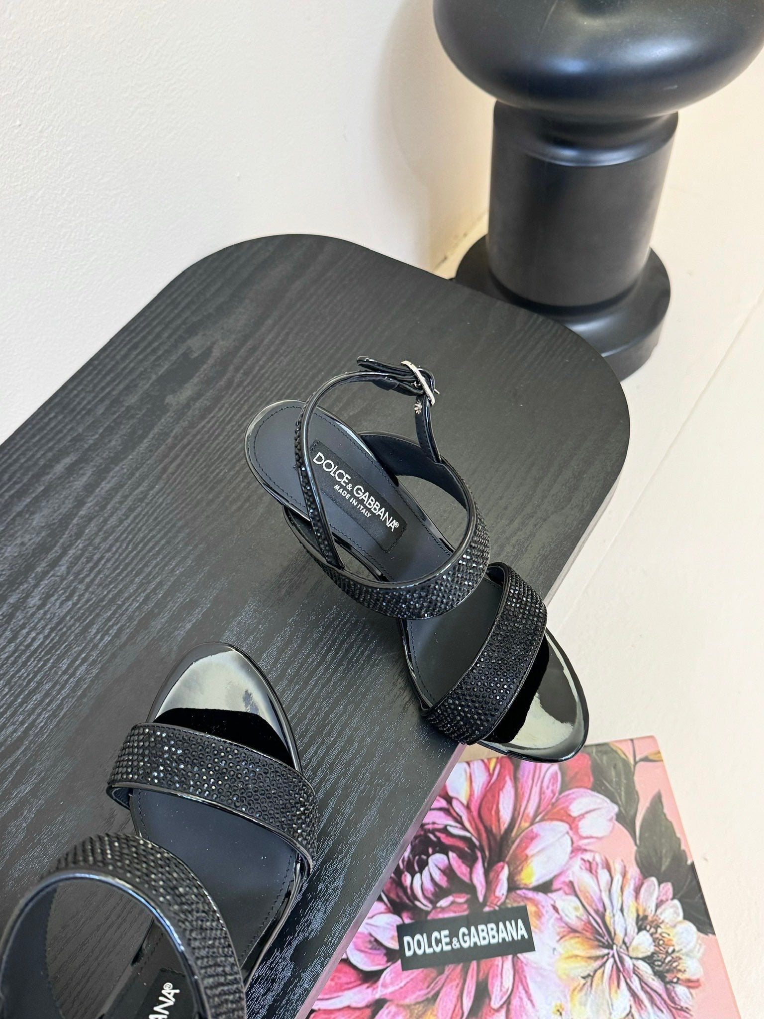 DC Satin Sandals Black Sheepskin & Fusible Rhinestones 313668