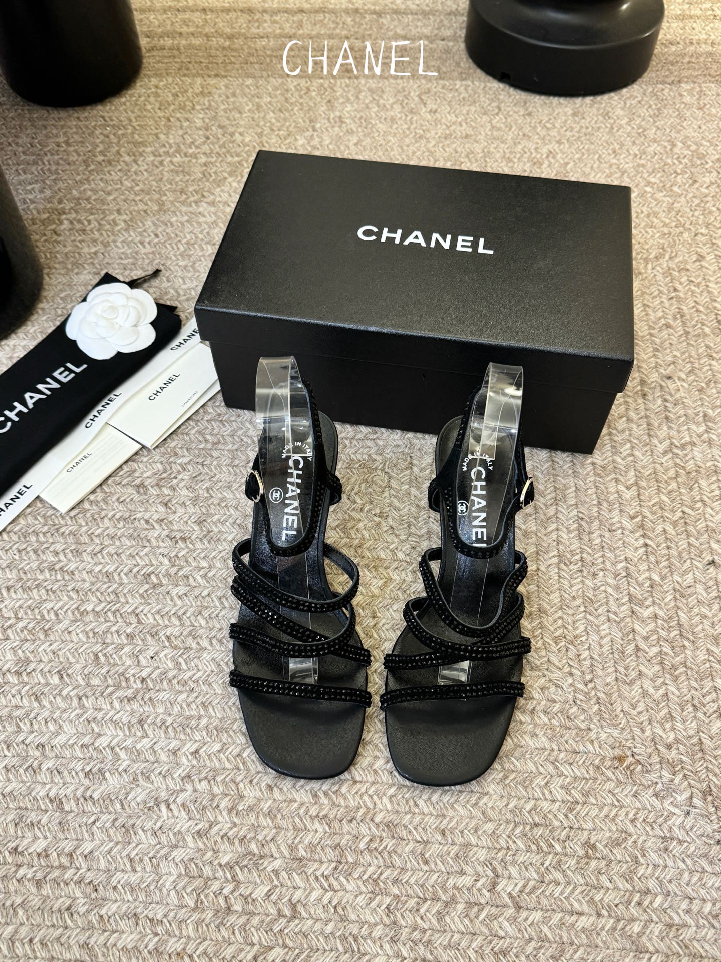CC 26s Strappy Sandals 6cm Black Sheepskin 736749
