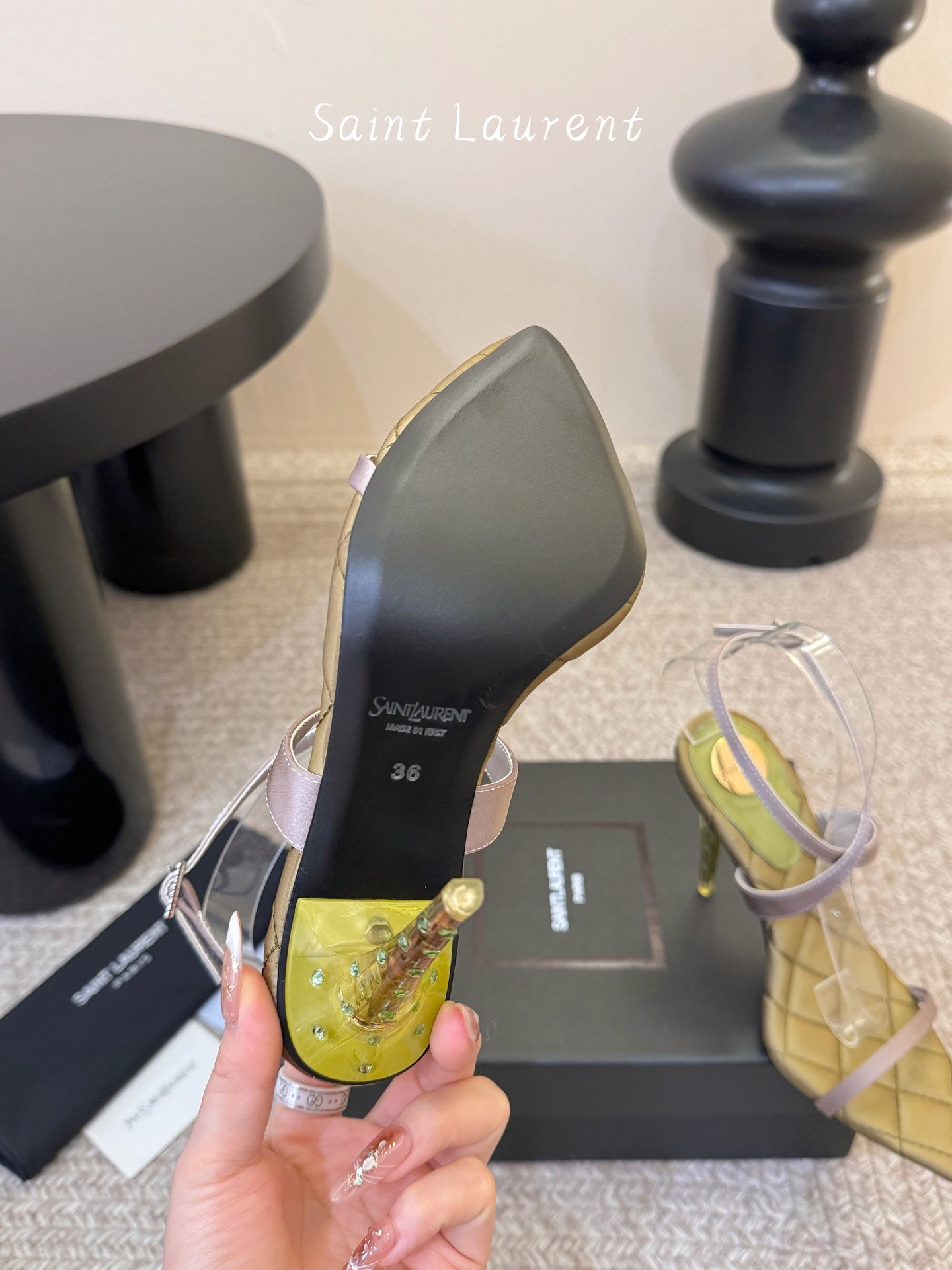 YSL Ivresse Sandals 11cm Olive Taupe Satin 934322