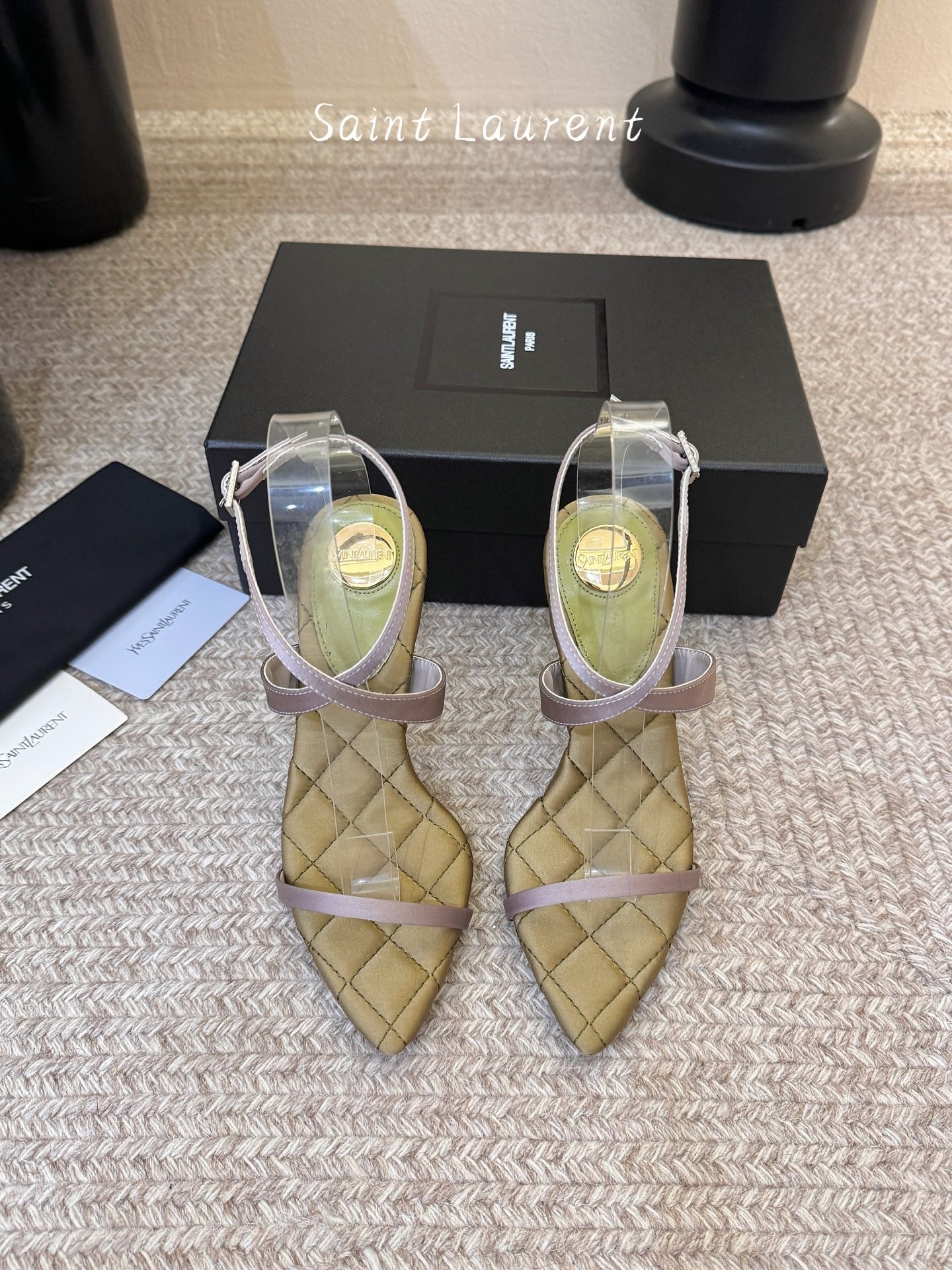 YSL Ivresse Sandals 11cm Olive Taupe Satin 934322