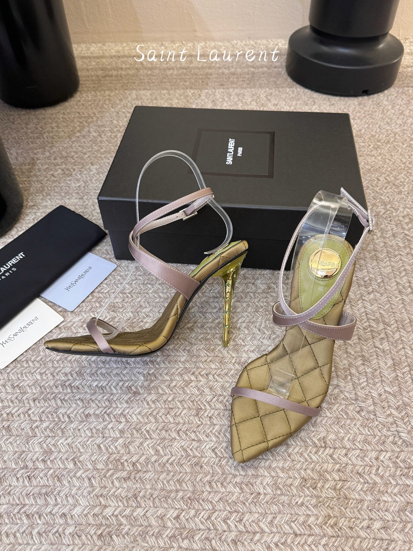 YSL Ivresse Sandals 11cm Olive Taupe Satin 934322