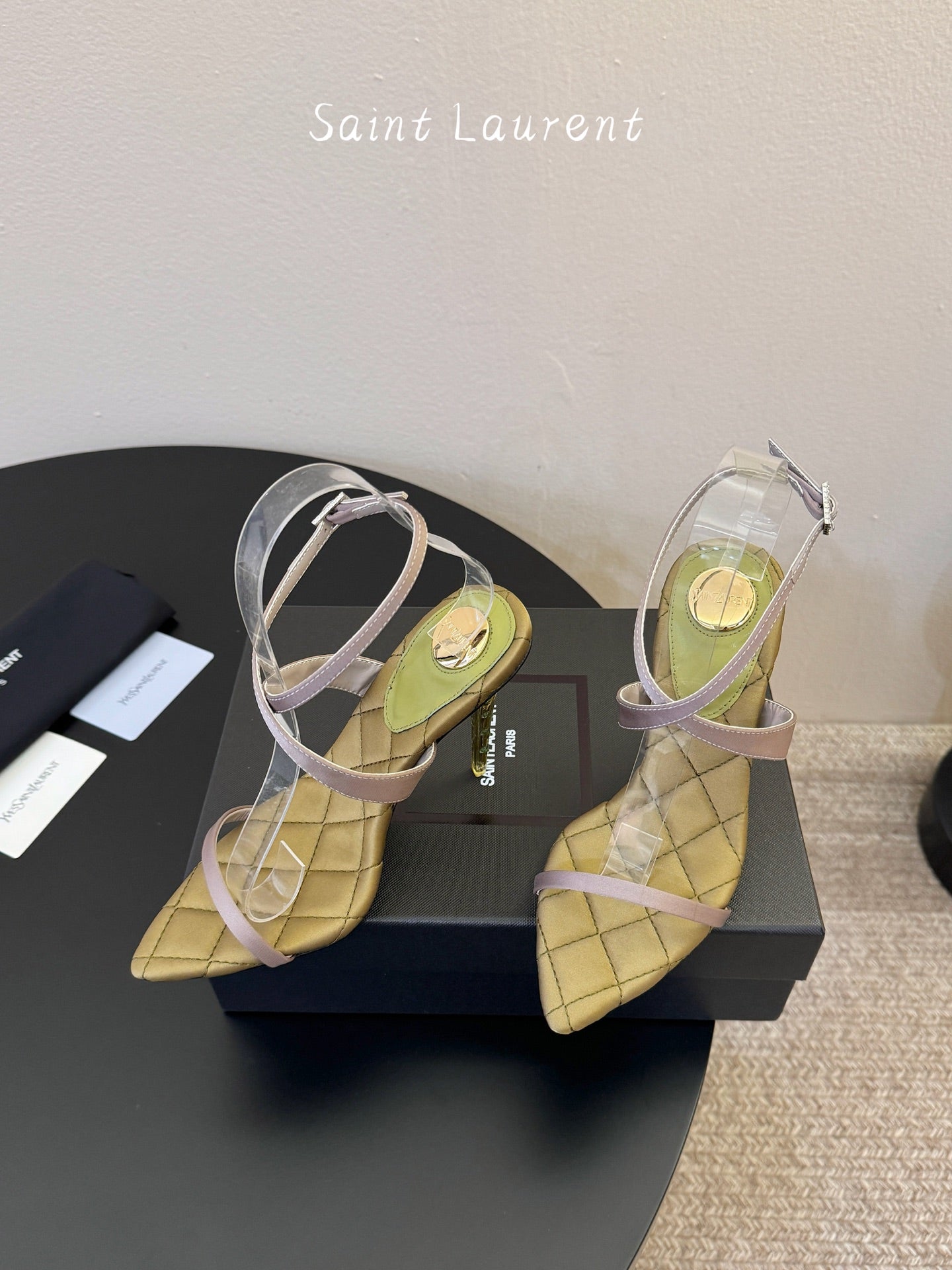 YSL Ivresse Sandals 11cm Olive Taupe Satin 934322