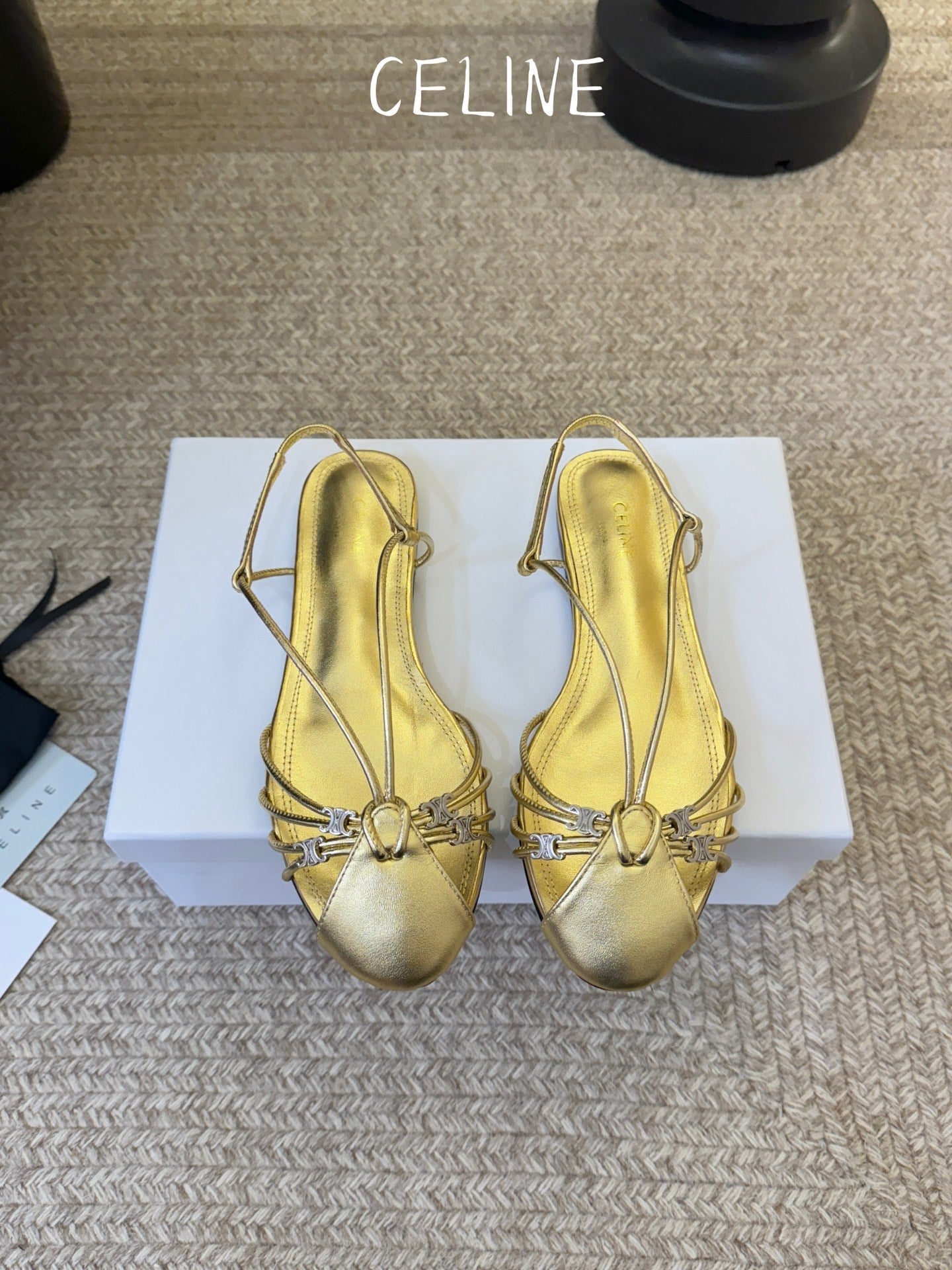 Celine Triomphe Strappy Flat Sandals Light Gold Lambskin 934183