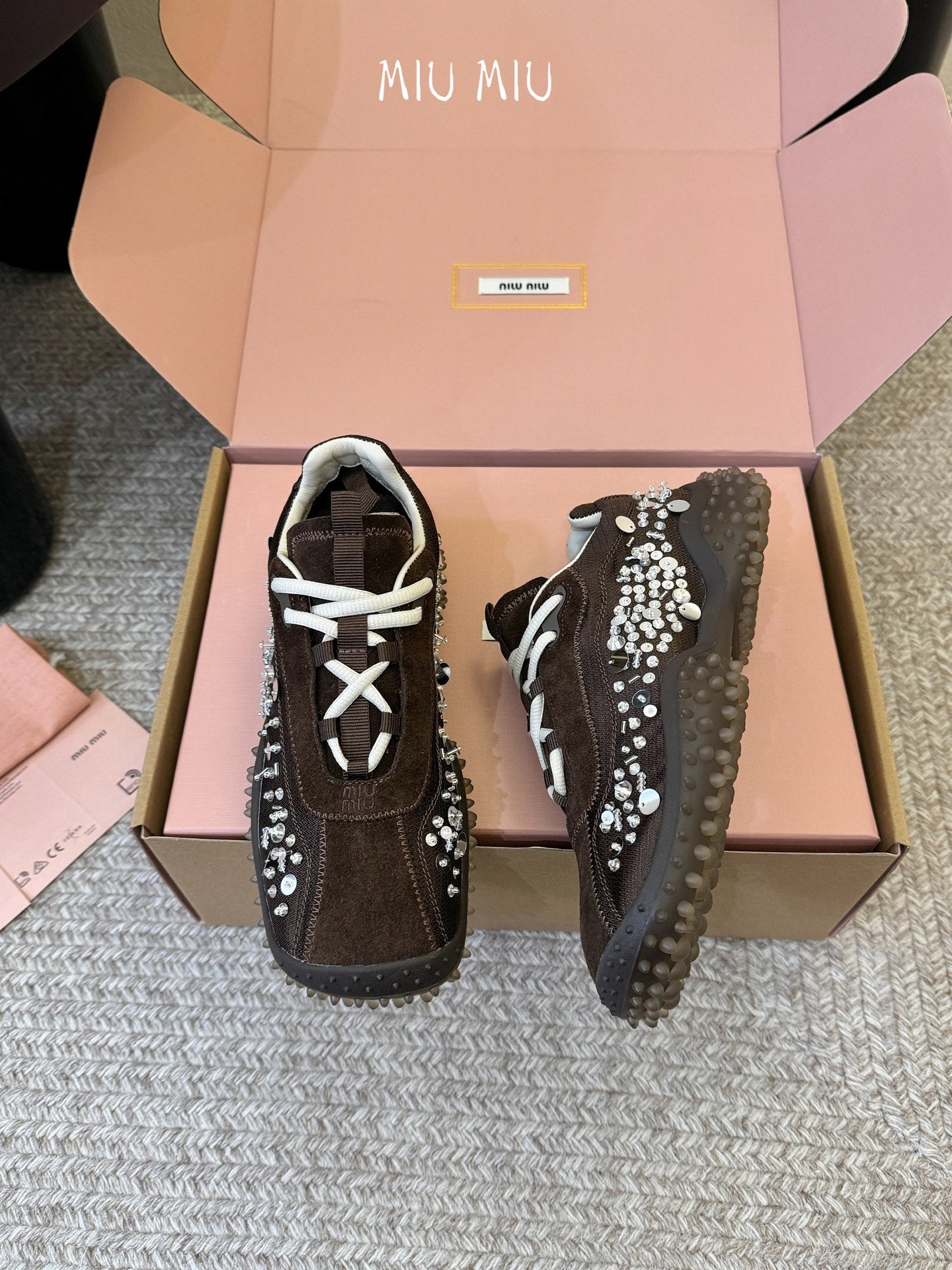 Miu 26s Square Toe Casual Sneakers Coffee Suede 890986