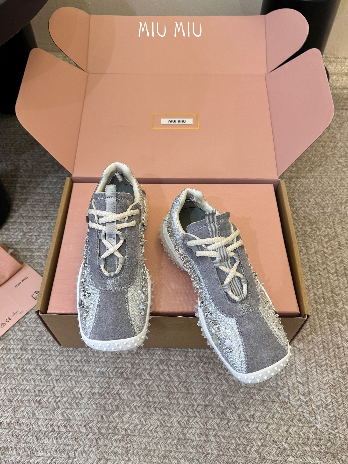 Miu 26s Square Toe Casual Sneakers Grey Suede 890987