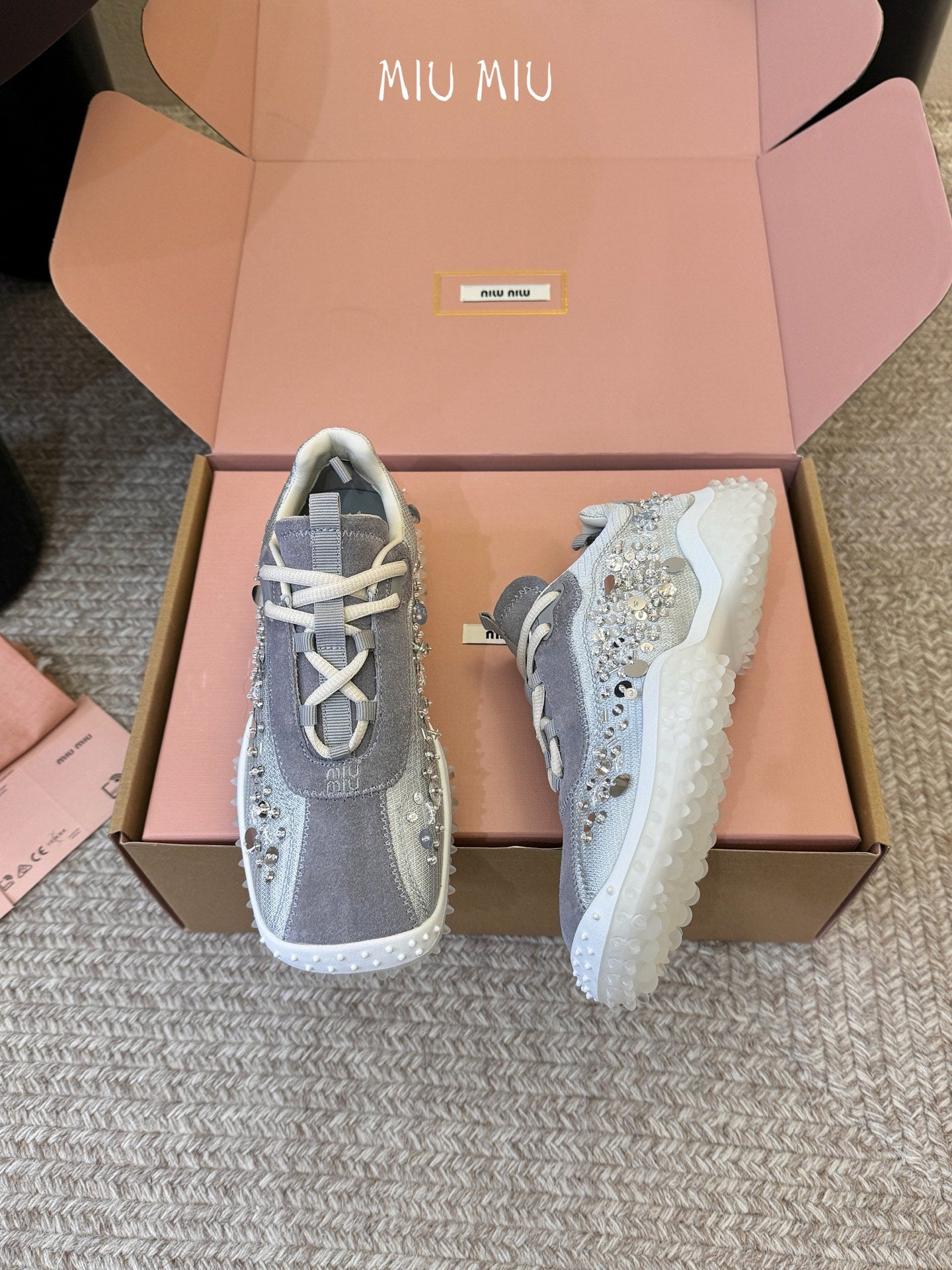 Miu 26s Square Toe Casual Sneakers Grey Suede 890987