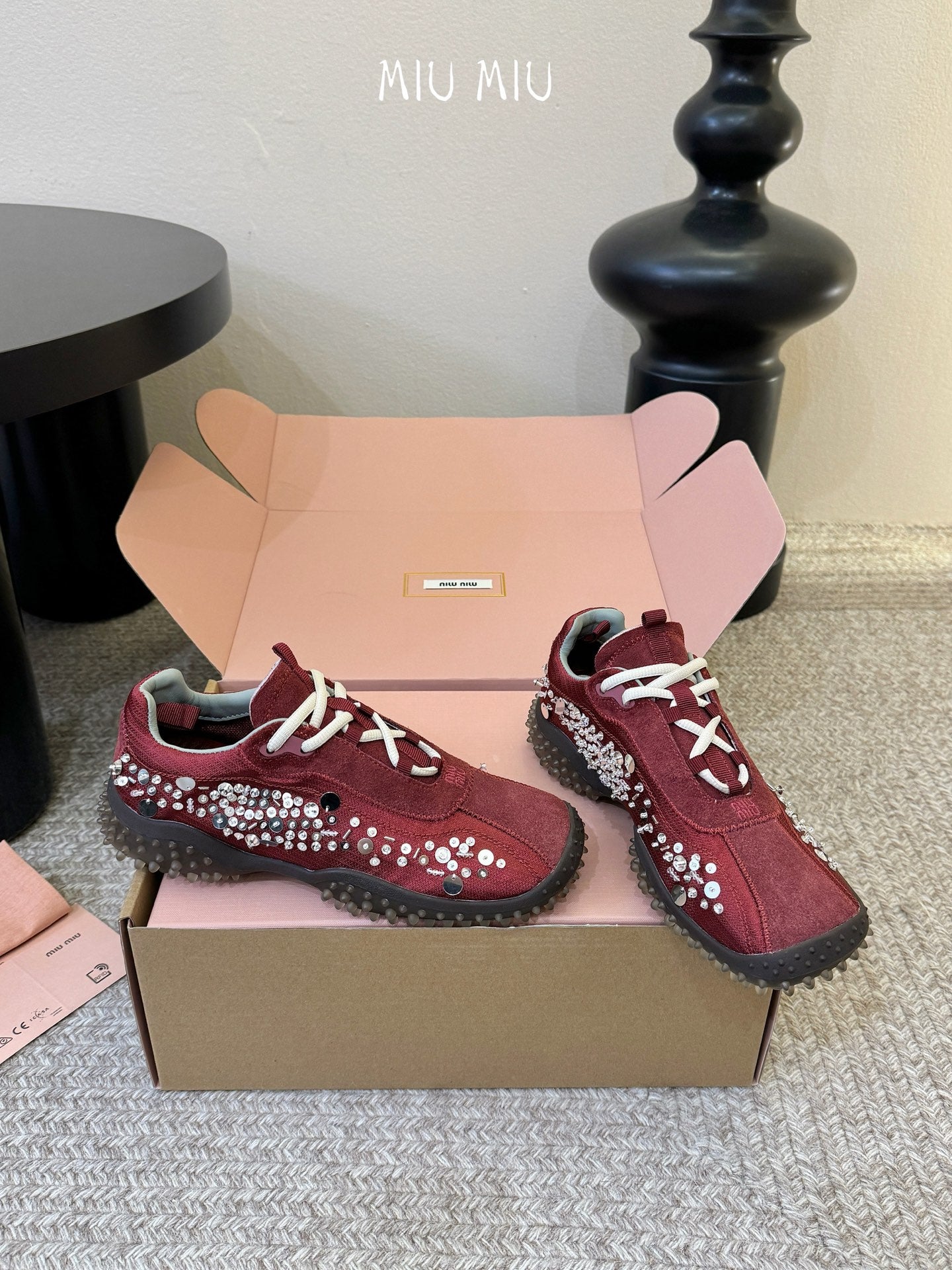 Miu 26s Square Toe Casual Sneakers Burgundy Suede 890988