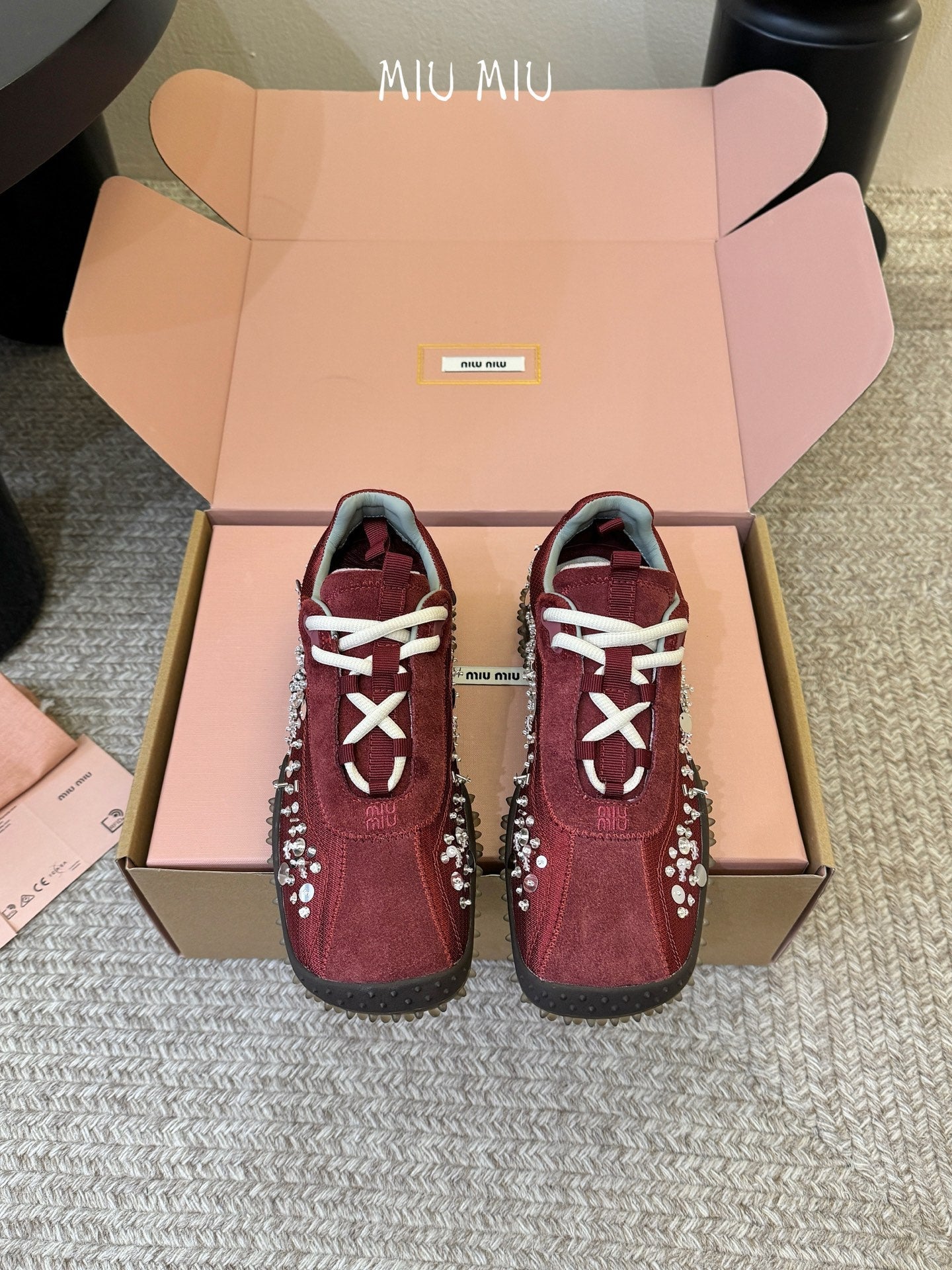 Miu 26s Square Toe Casual Sneakers Burgundy Suede 890988