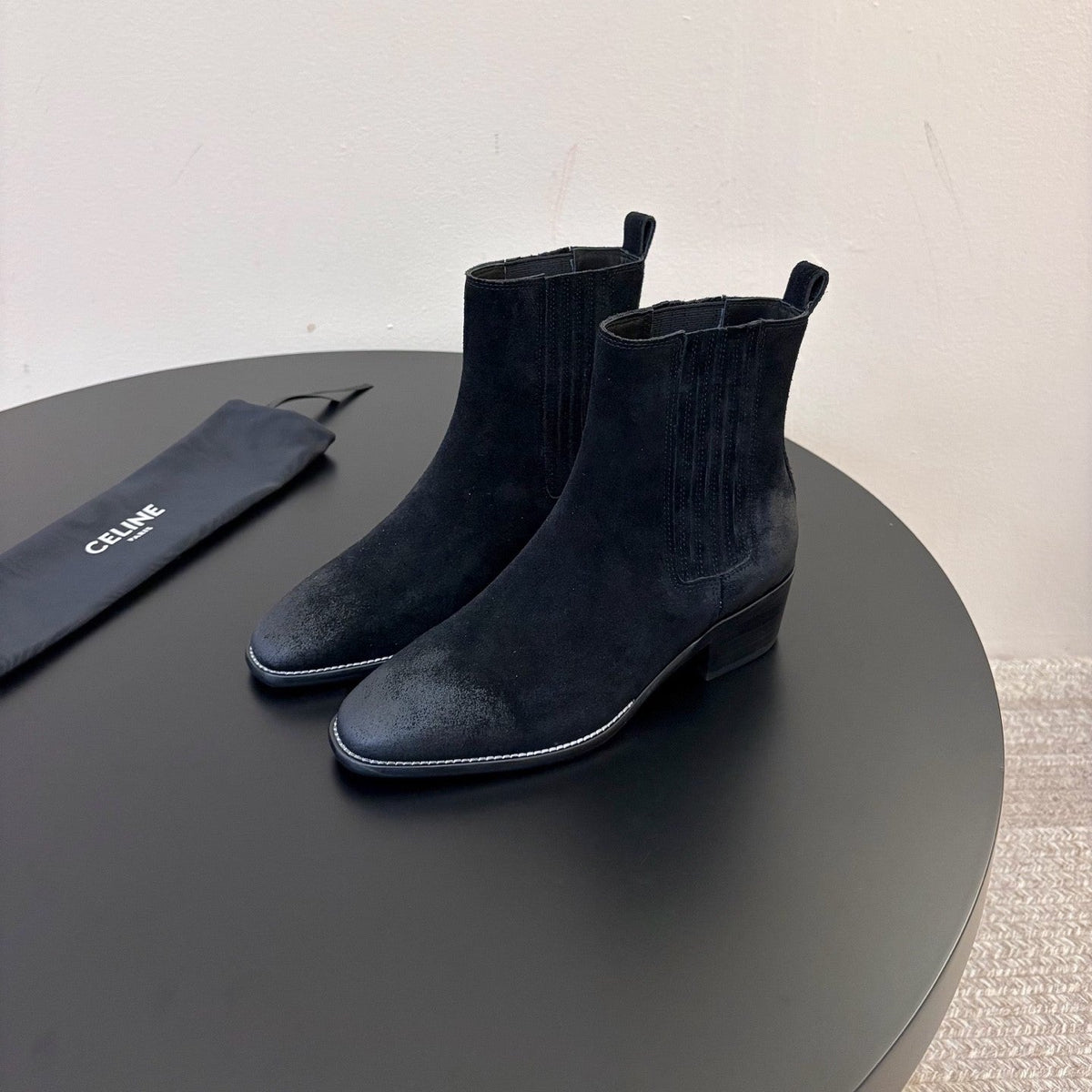 Celine 26s Triomphe Chelsea Boots Black Horsehair 104882