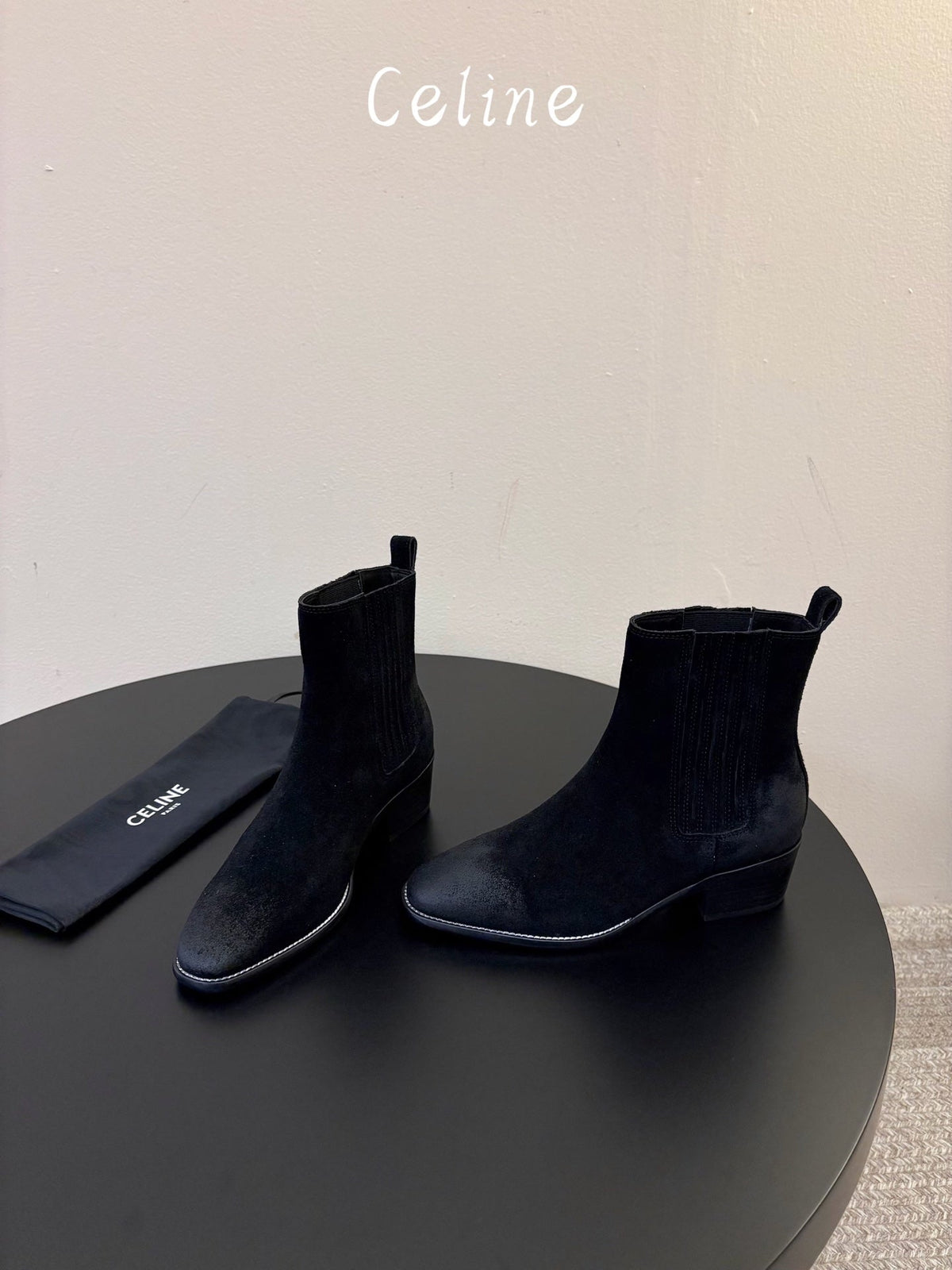 Celine 26s Triomphe Chelsea Boots Black Horsehair 104882