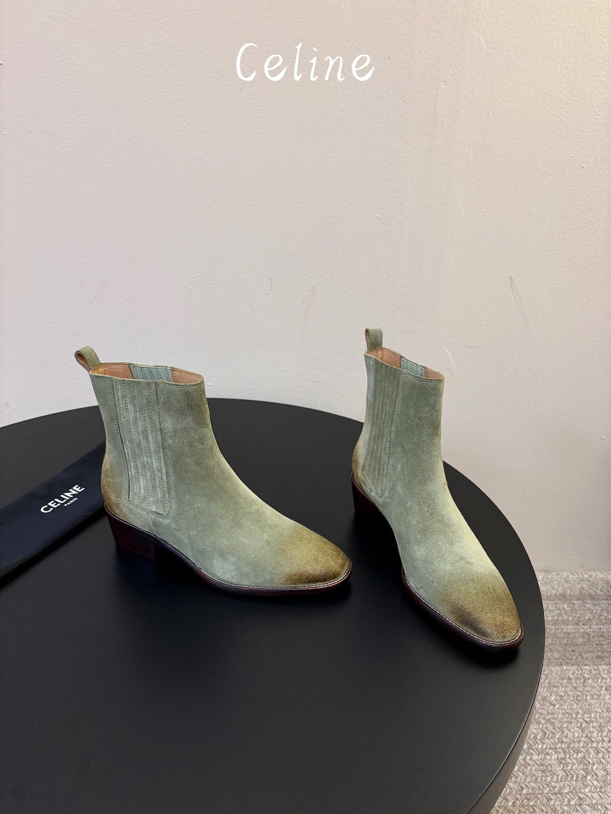 Celine 26s Triomphe Chelsea Boots Light Olive Horsehair 104883