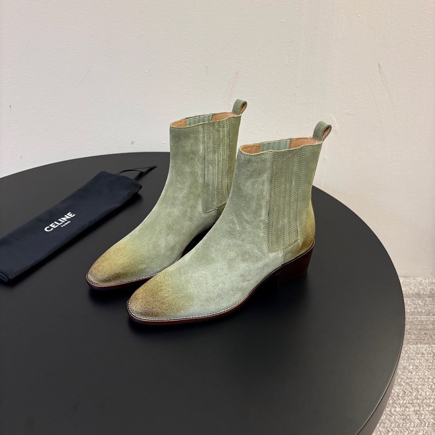Celine 26s Triomphe Chelsea Boots Light Olive Horsehair 104883