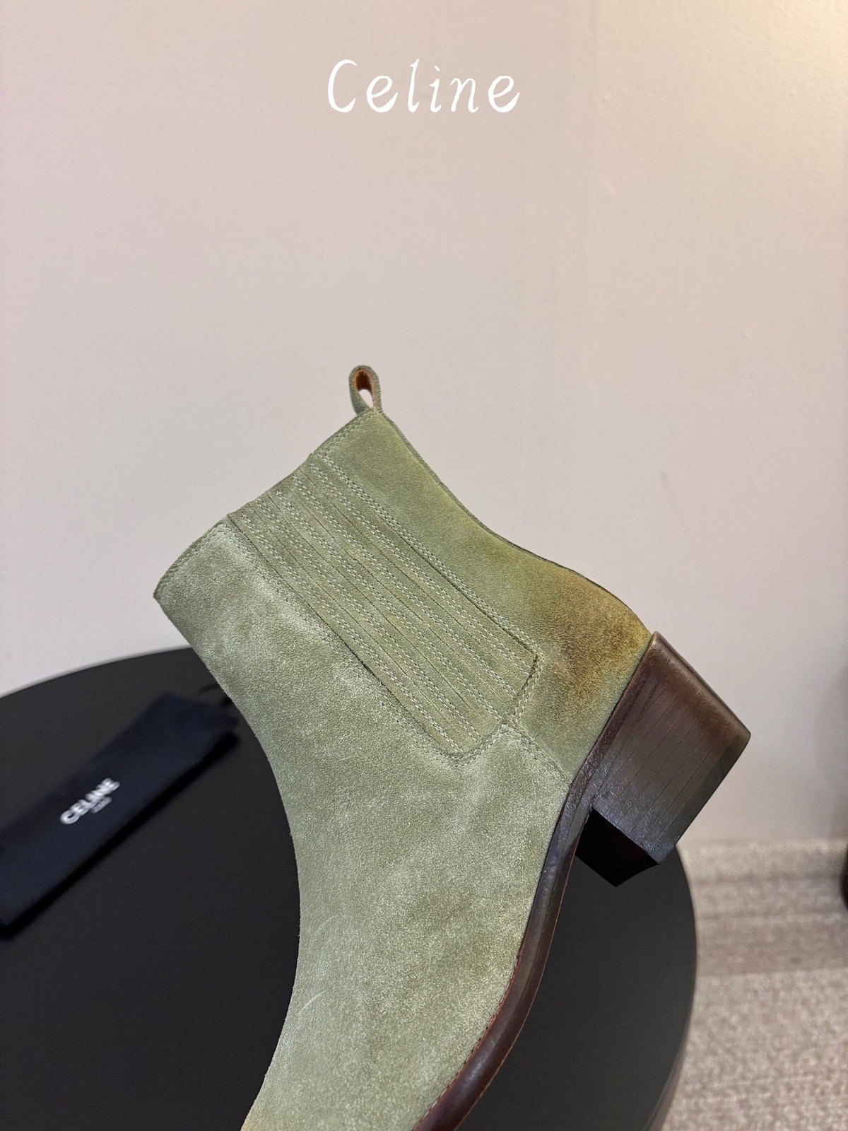 Celine 26s Triomphe Chelsea Boots Light Olive Horsehair 104883
