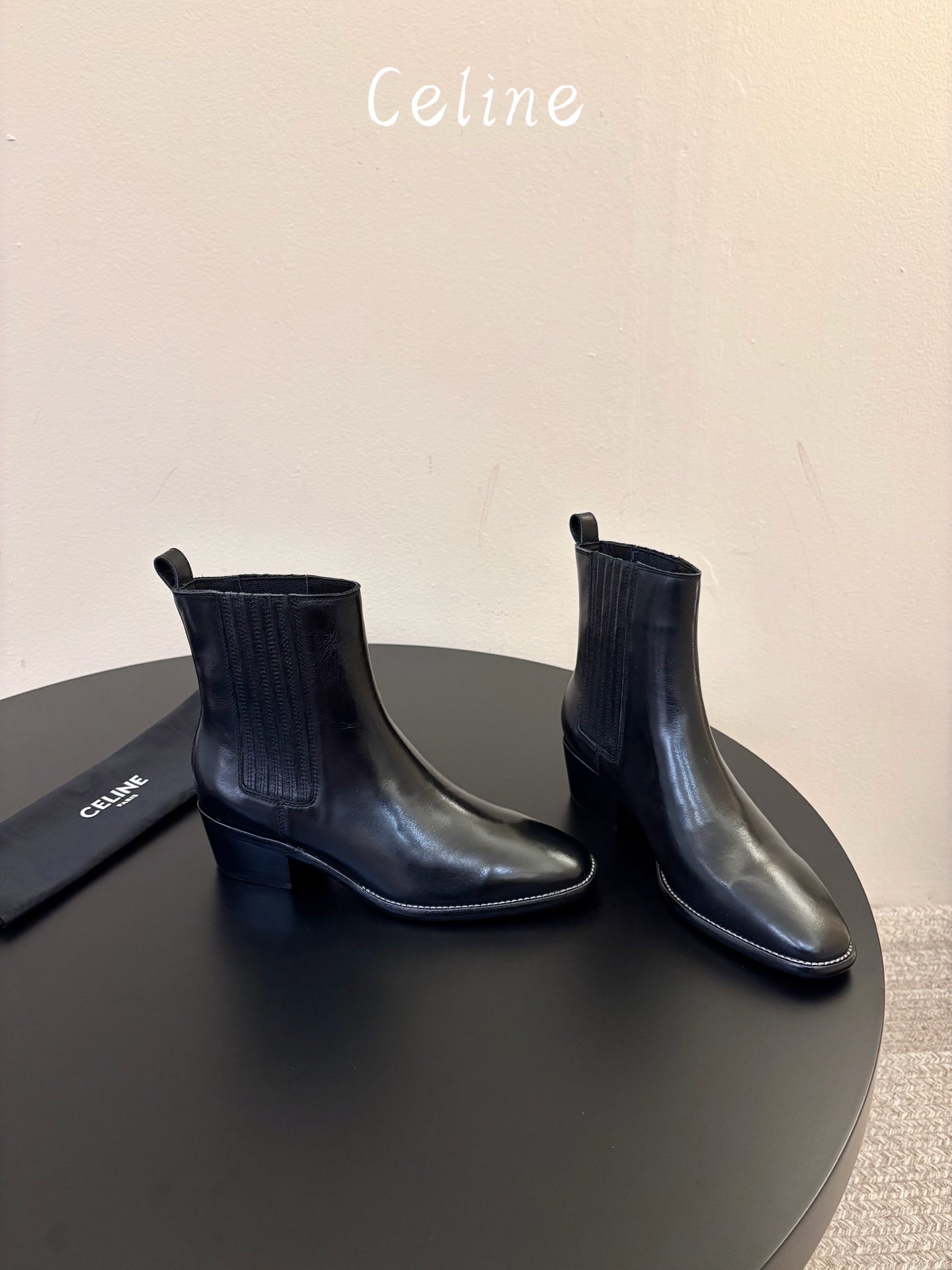 Celine 26s Triomphe Chelsea Boots Black Glossy Sheepskin 104884