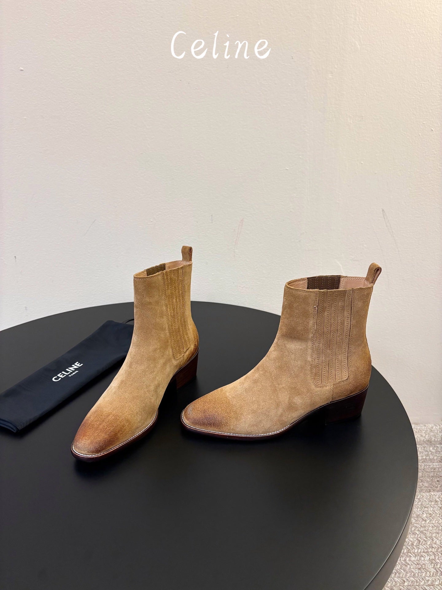 Celine 26s Triomphe Chelsea Boots Khaki Suede 104885