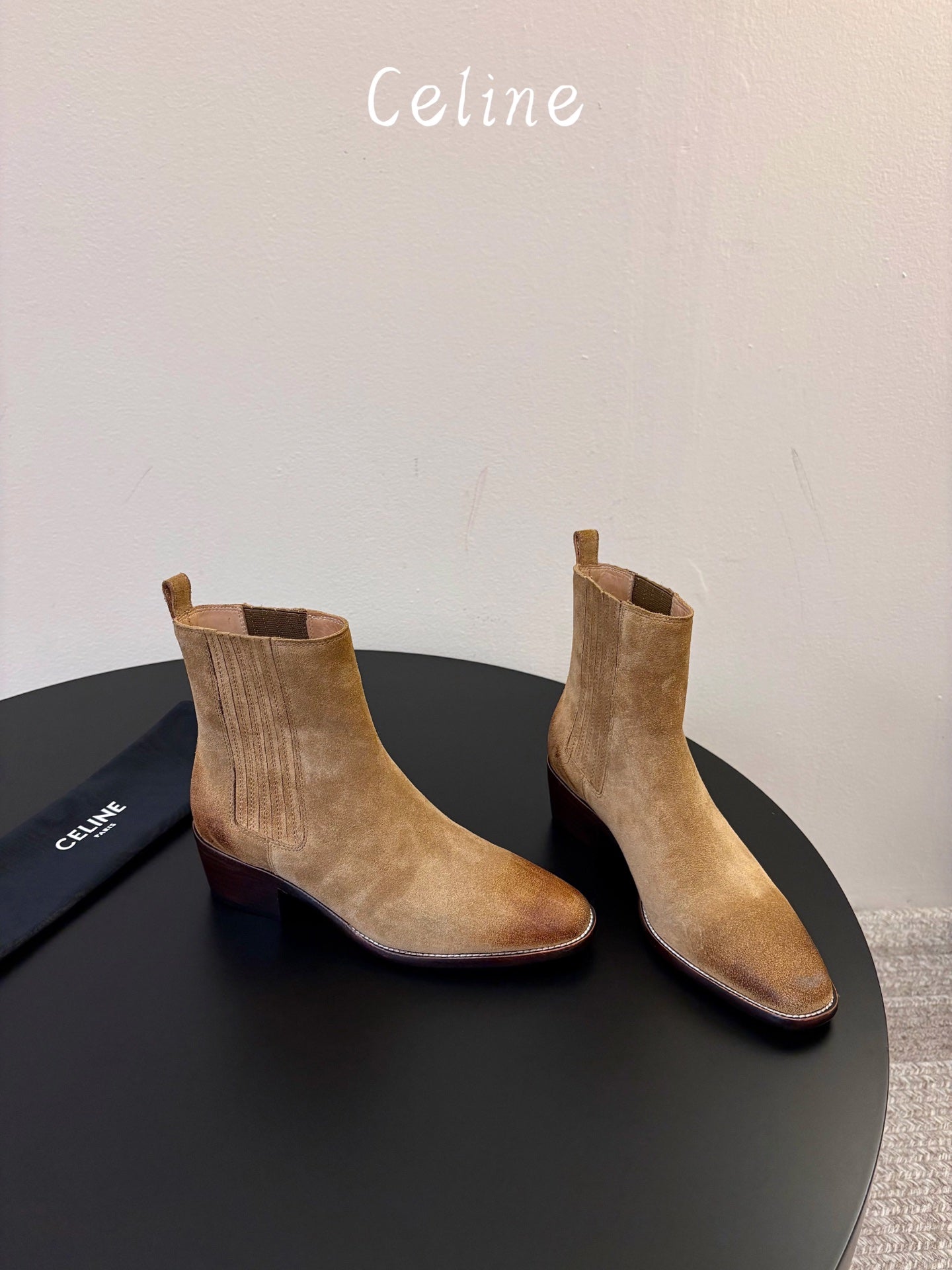 Celine 26s Triomphe Chelsea Boots Khaki Suede 104885