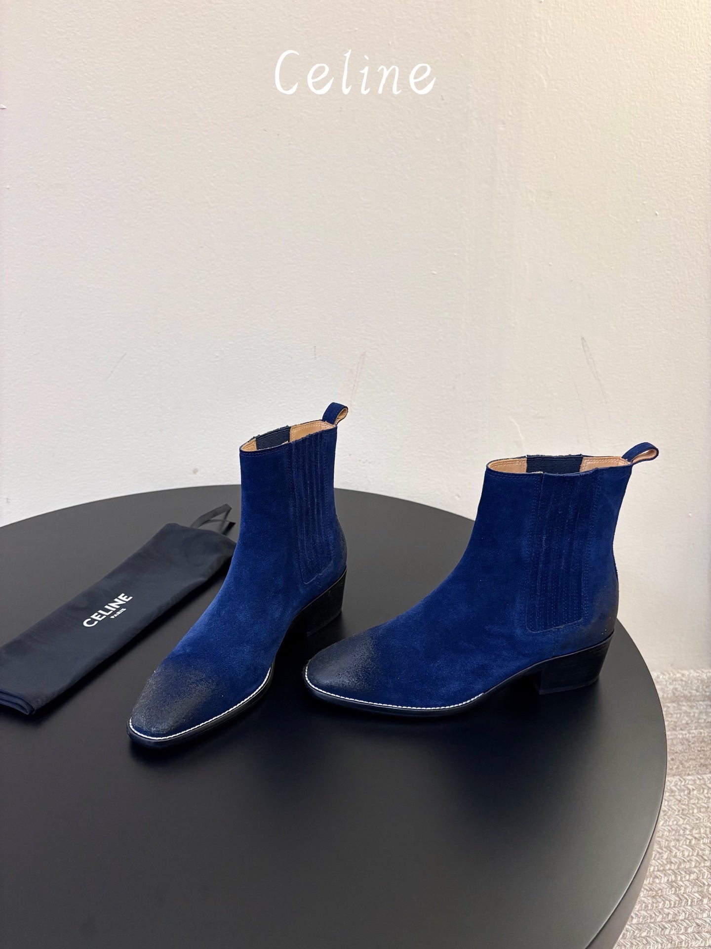 Celine 26s Triomphe Chelsea Boots Dark Blue Suede 104886