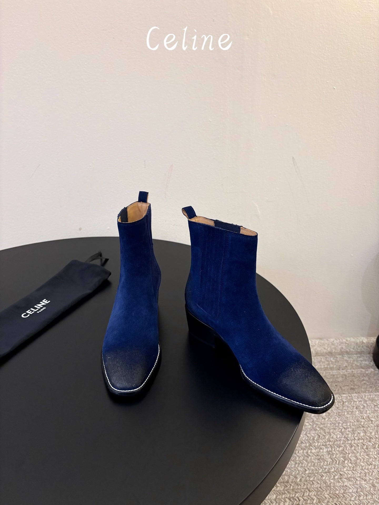 Celine 26s Triomphe Chelsea Boots Dark Blue Suede 104886