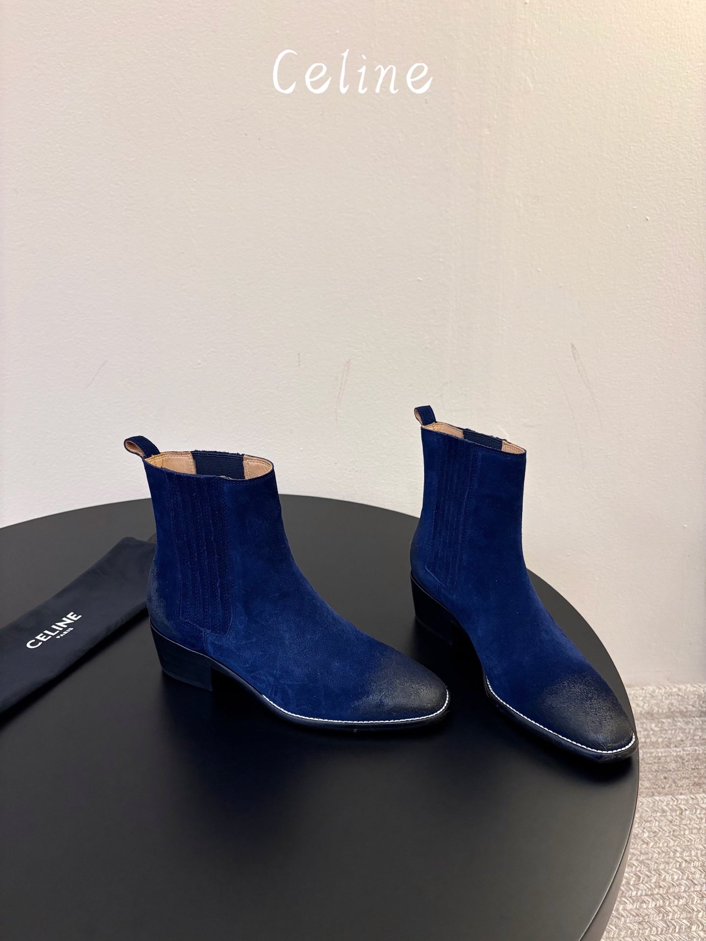Celine 26s Triomphe Chelsea Boots Dark Blue Suede 104886