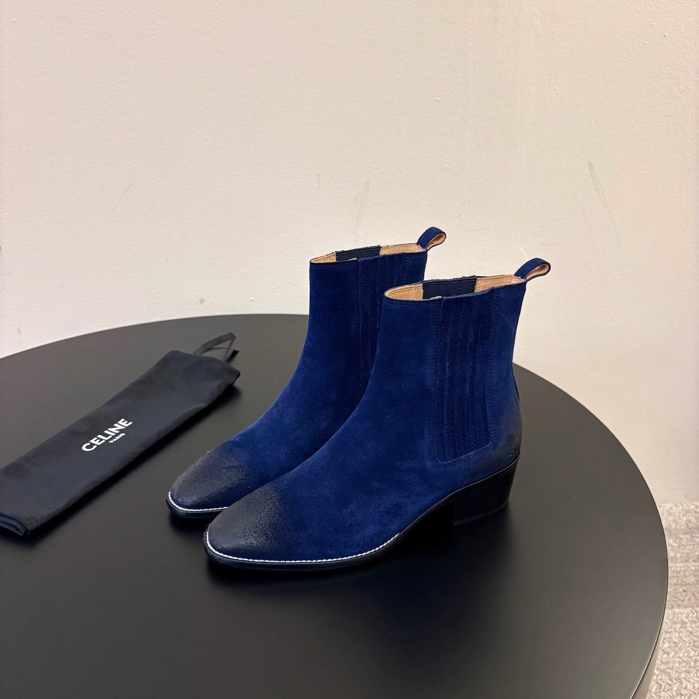 Celine 26s Triomphe Chelsea Boots Dark Blue Suede 104886