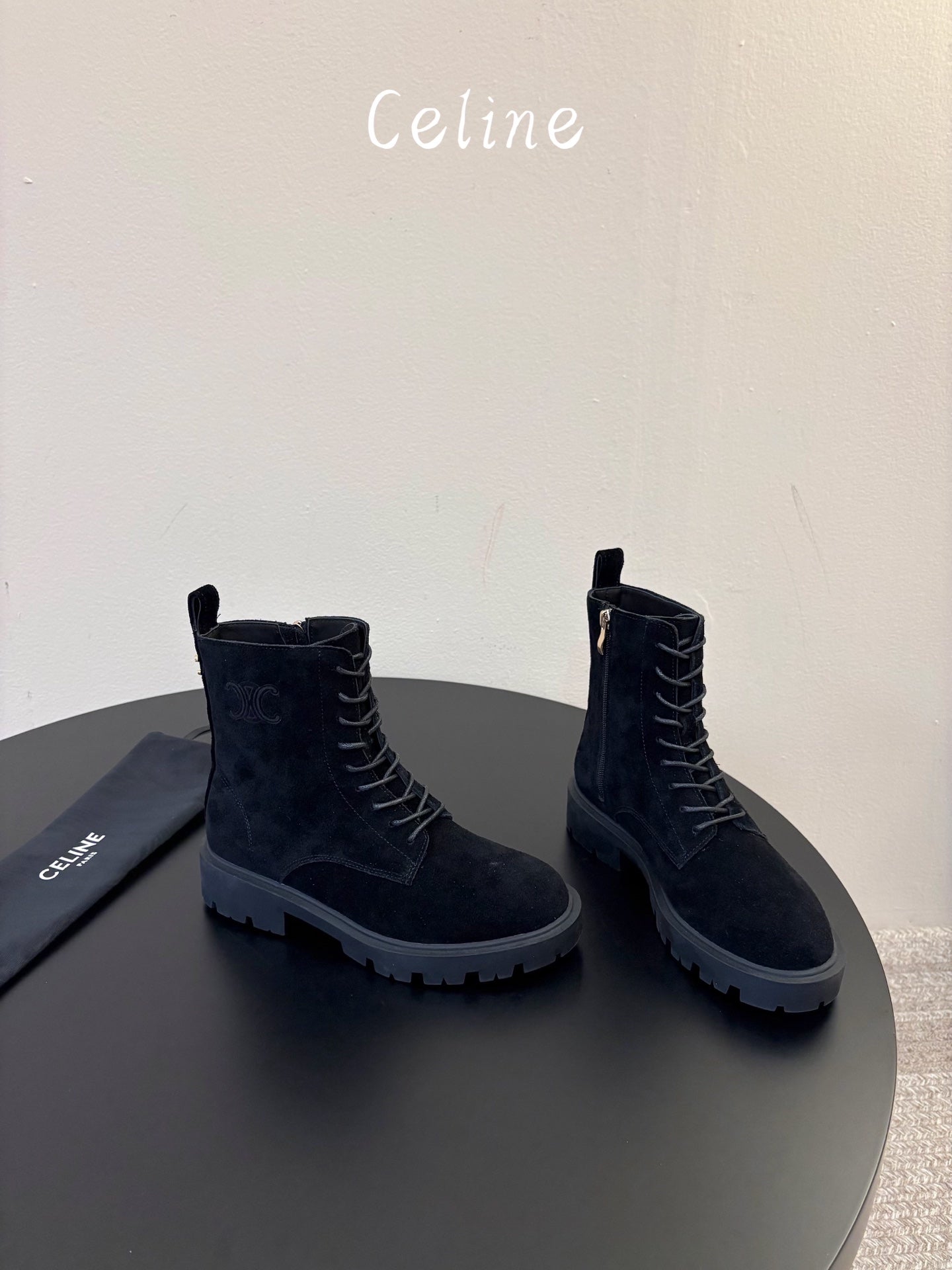 Celine 26s Triomphe Platform Martin Boots Black Suede 104888