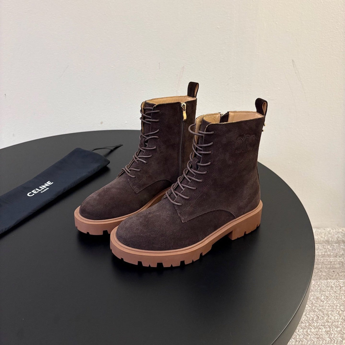 Celine 26s Triomphe Platform Martin Boots Coffee Suede 104889