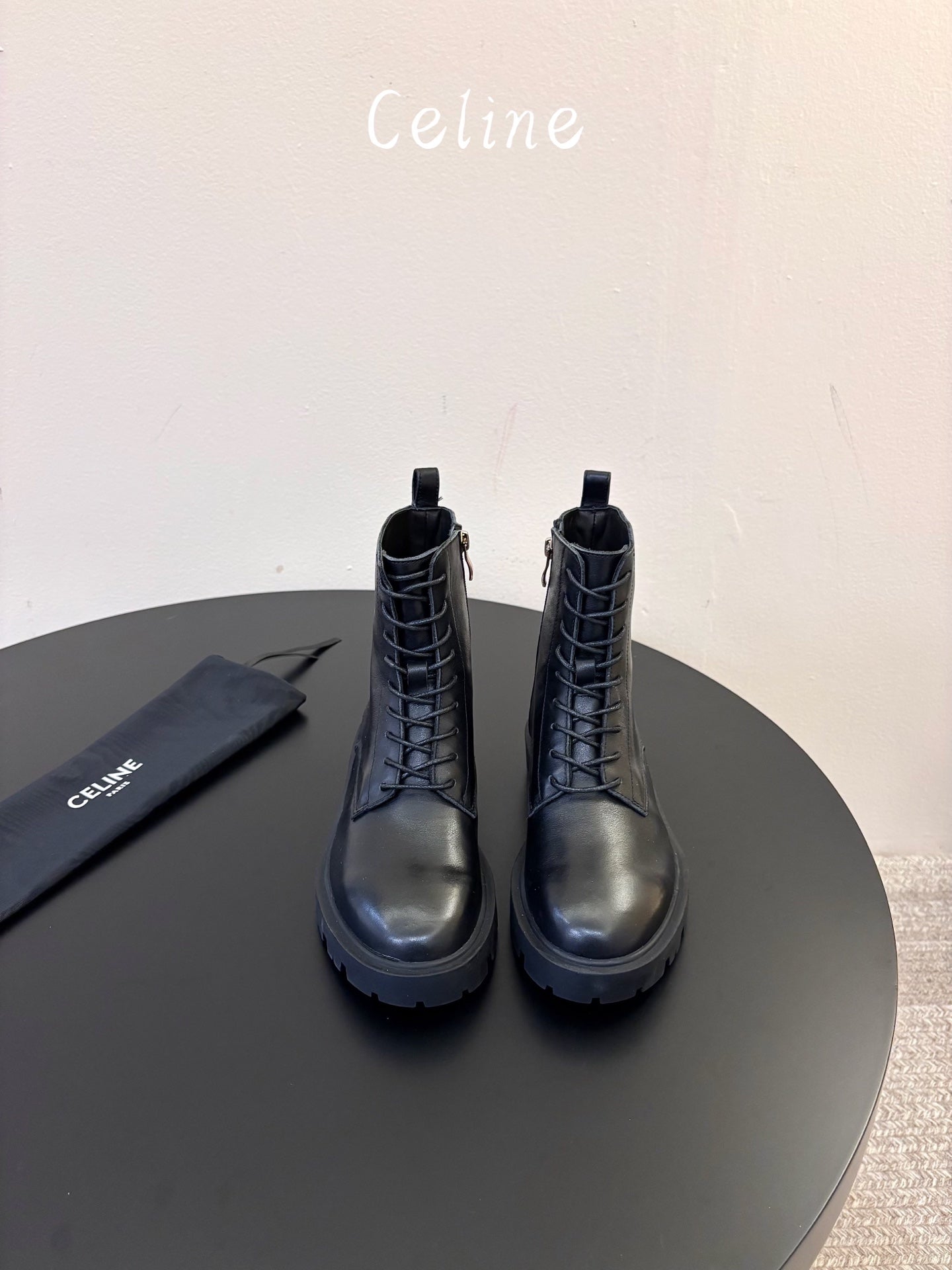 Celine 26s Triomphe Platform Martin Boots Black Lambskin 104892