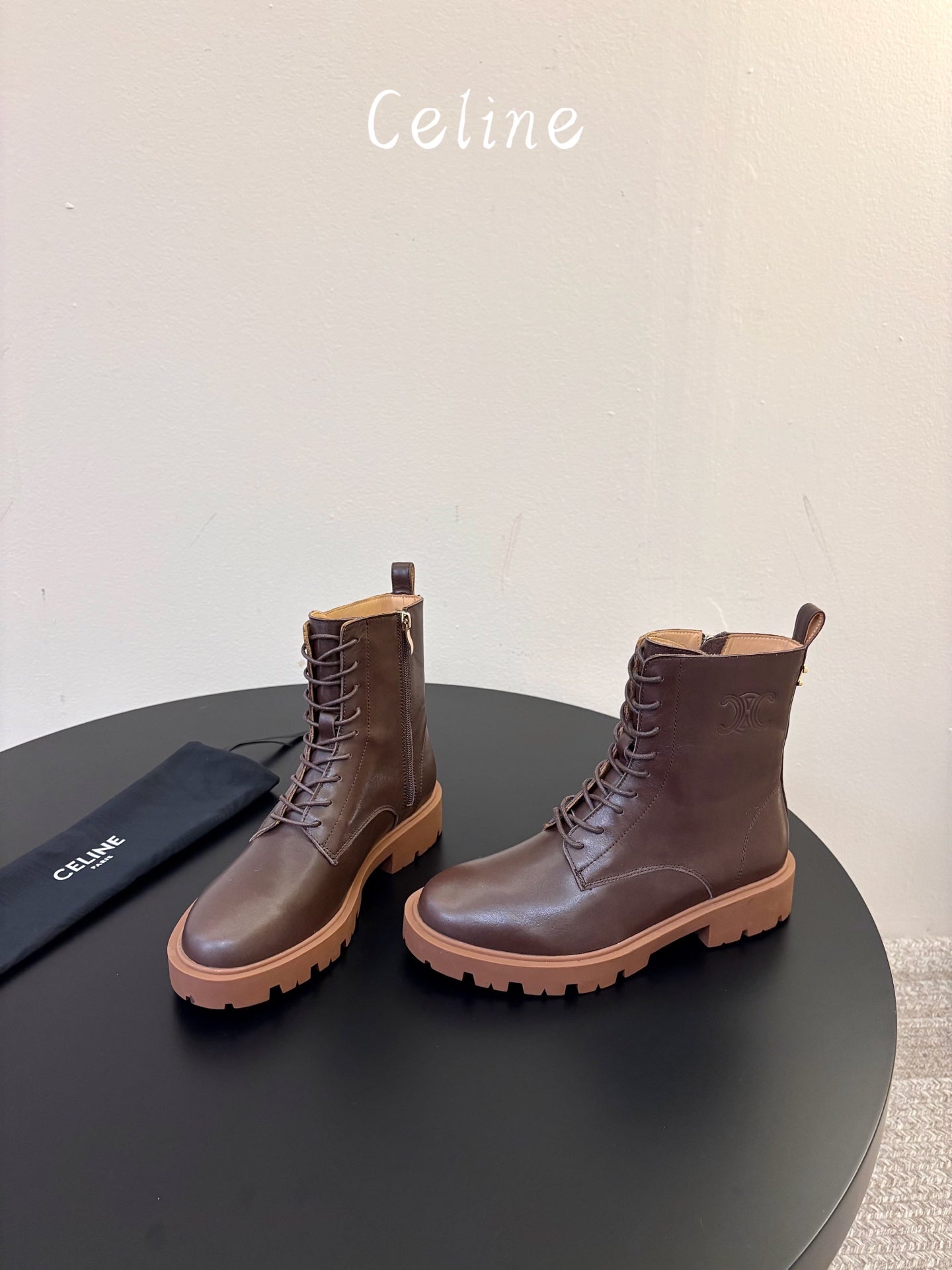 Celine 26s Triomphe Platform Martin Boots Caramel Lambskin 104891