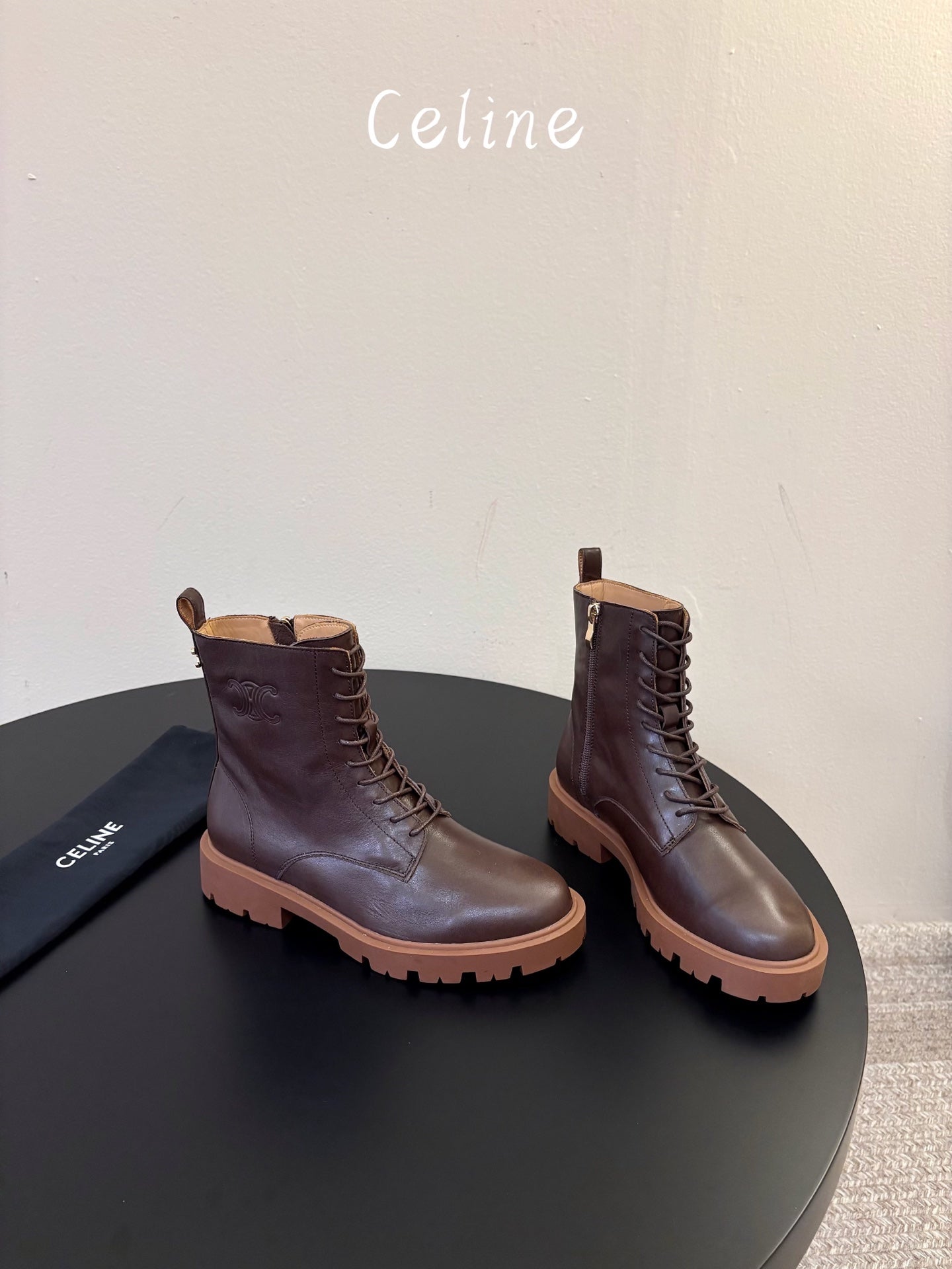 Celine 26s Triomphe Platform Martin Boots Caramel Lambskin 104891