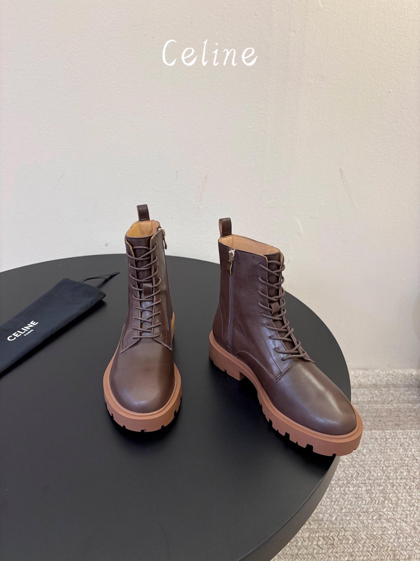 Celine 26s Triomphe Platform Martin Boots Caramel Lambskin 104891