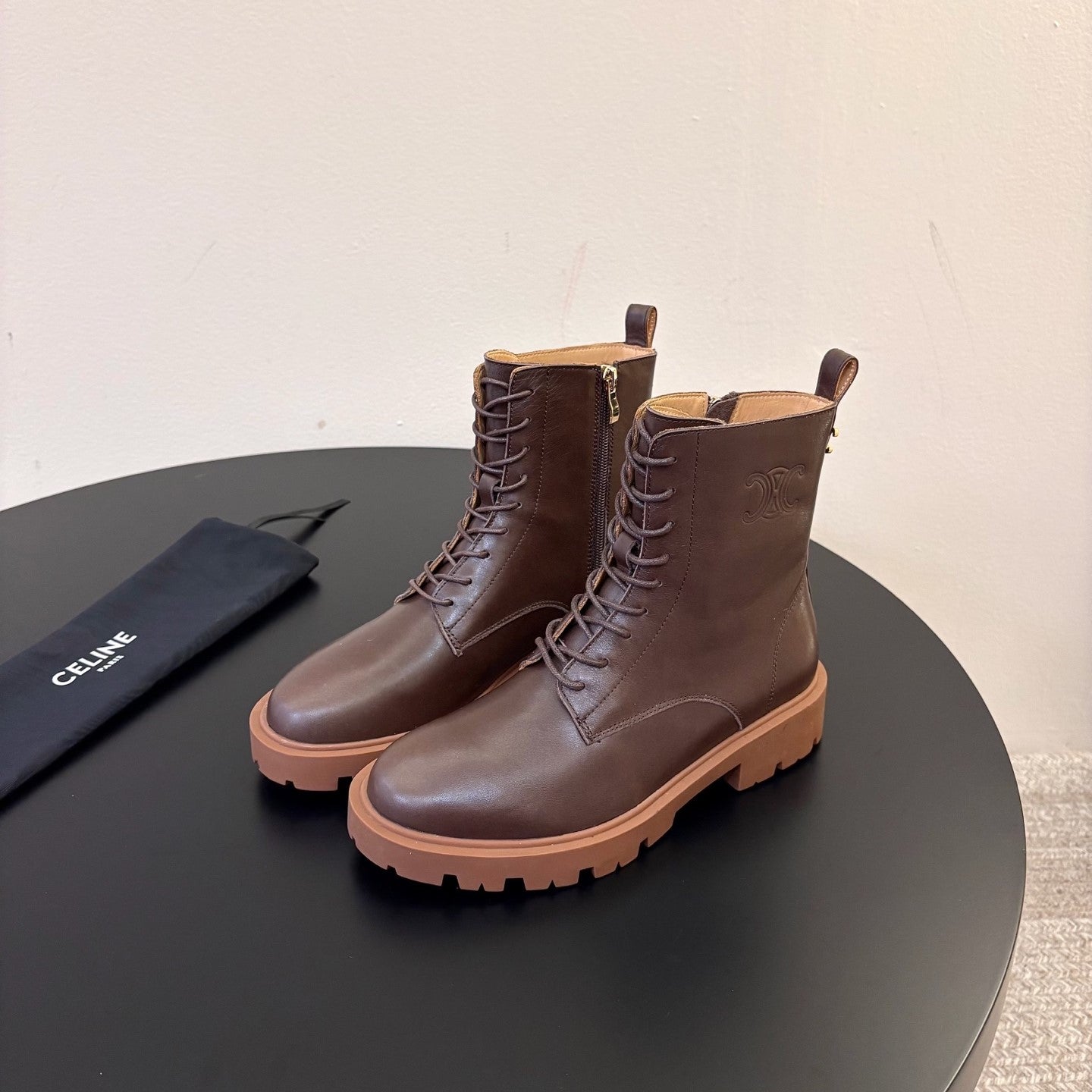 Celine 26s Triomphe Platform Martin Boots Caramel Lambskin 104891