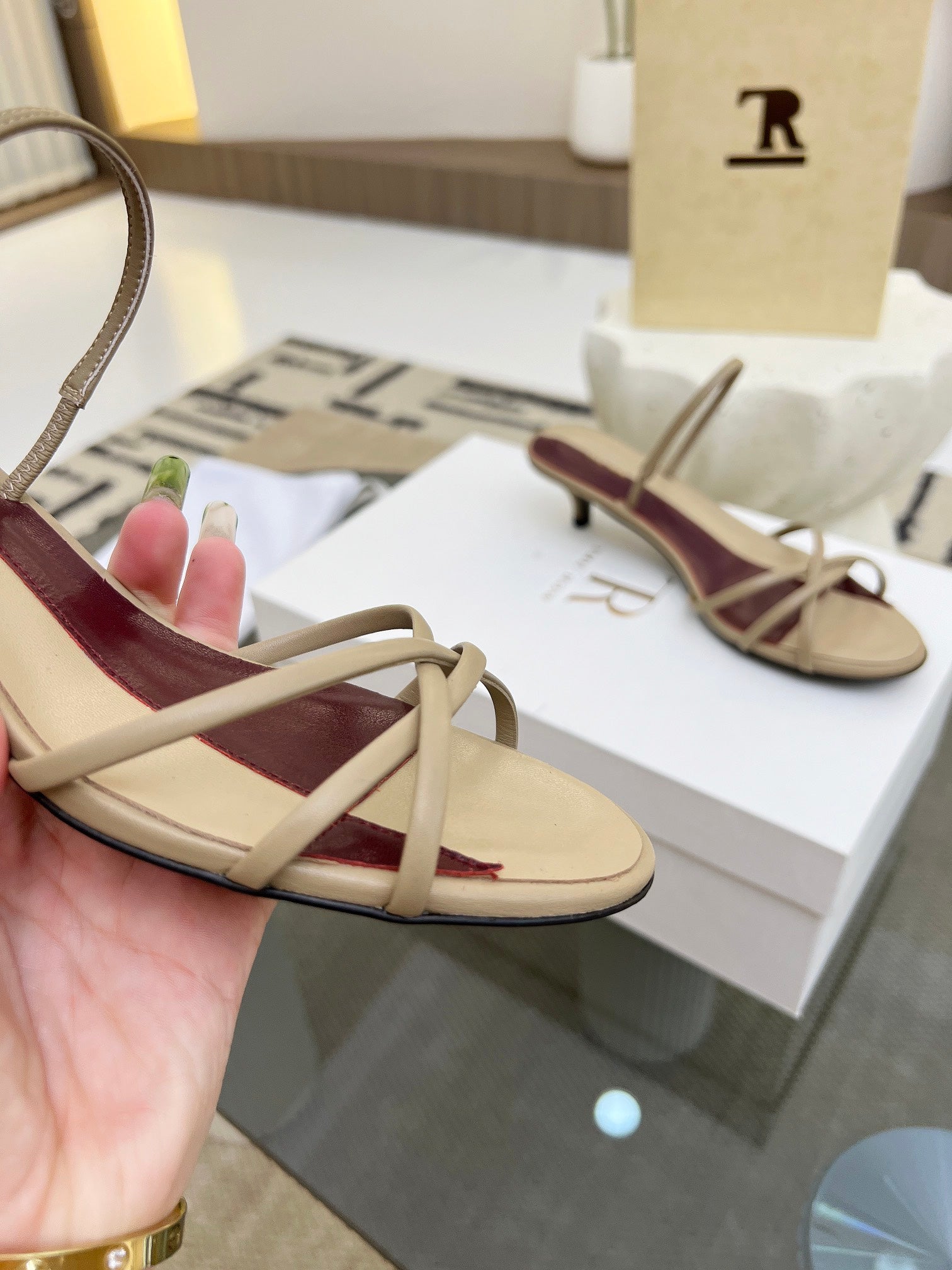 The Row 26s Strappy Sandals Beige Burgundy Lambskin 997832