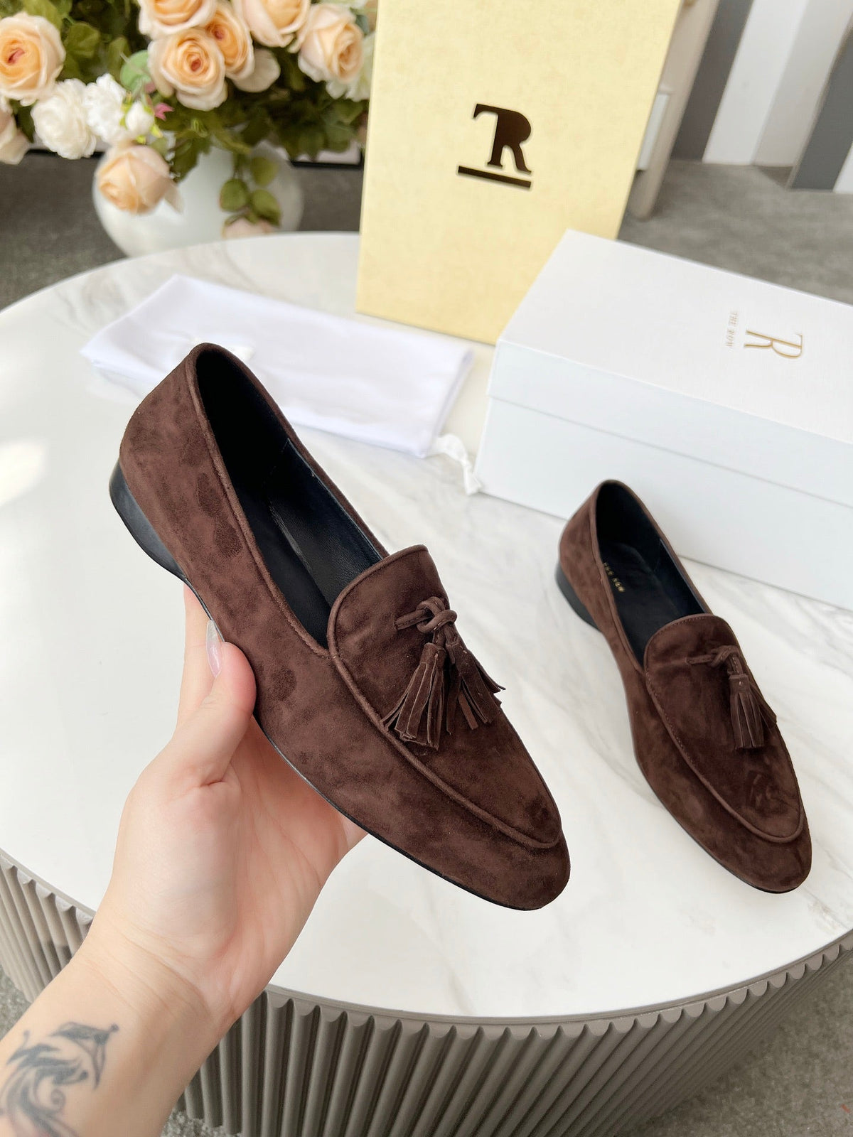The Row 26s Tassel Loafer Flat Dark Brown Suede 146475