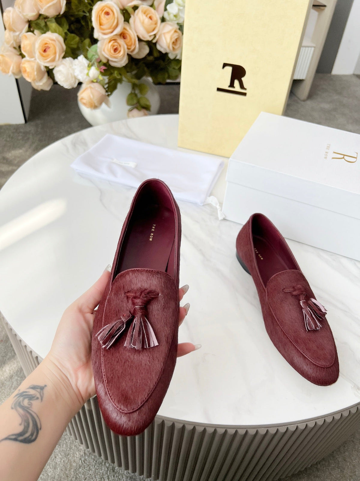 The Row 26s Tassel Loafer Flat Burgundy Pony Hair 146476