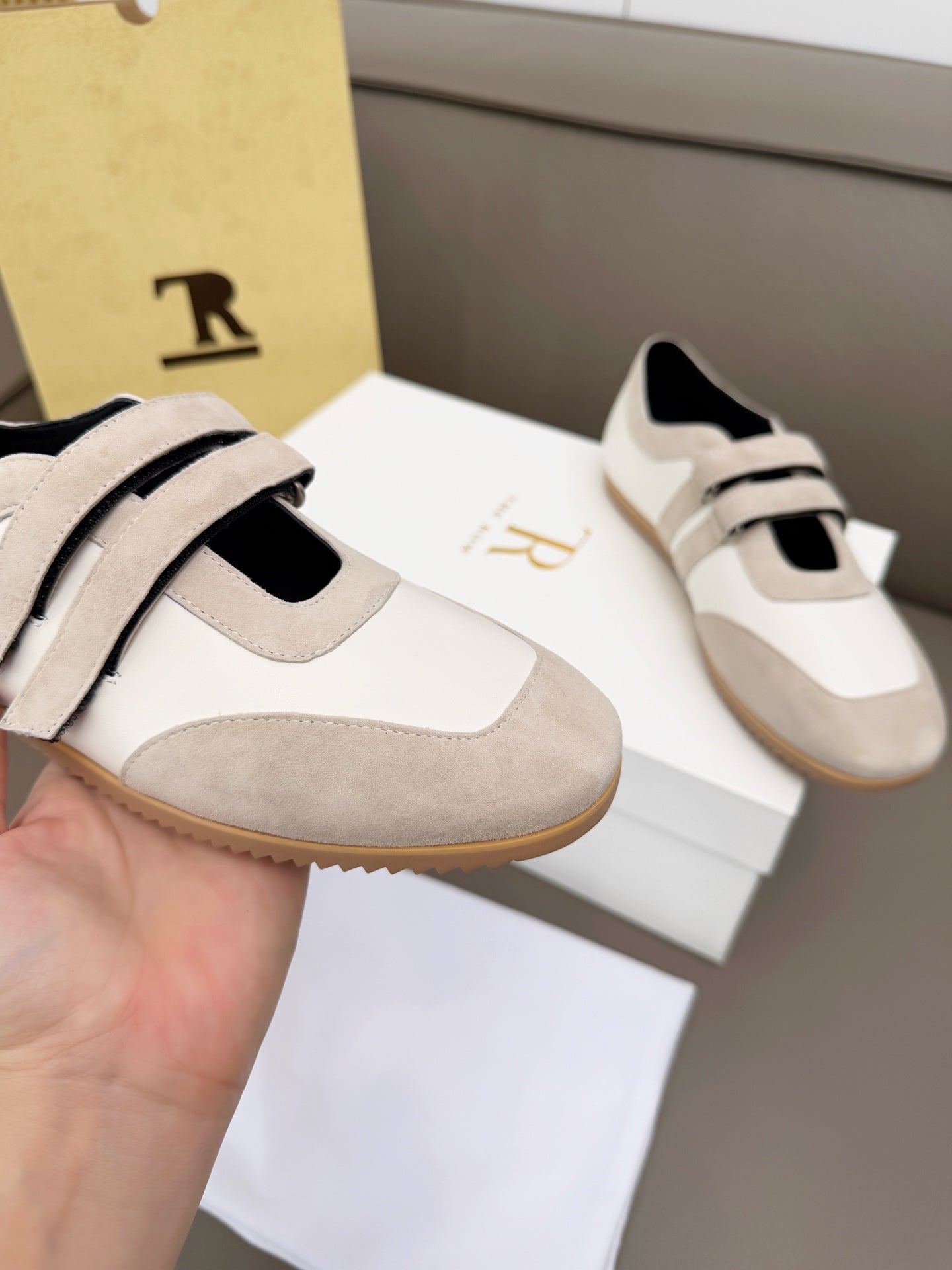 The Row Adjustable Strap Sneakers Light Grey Suede 832657