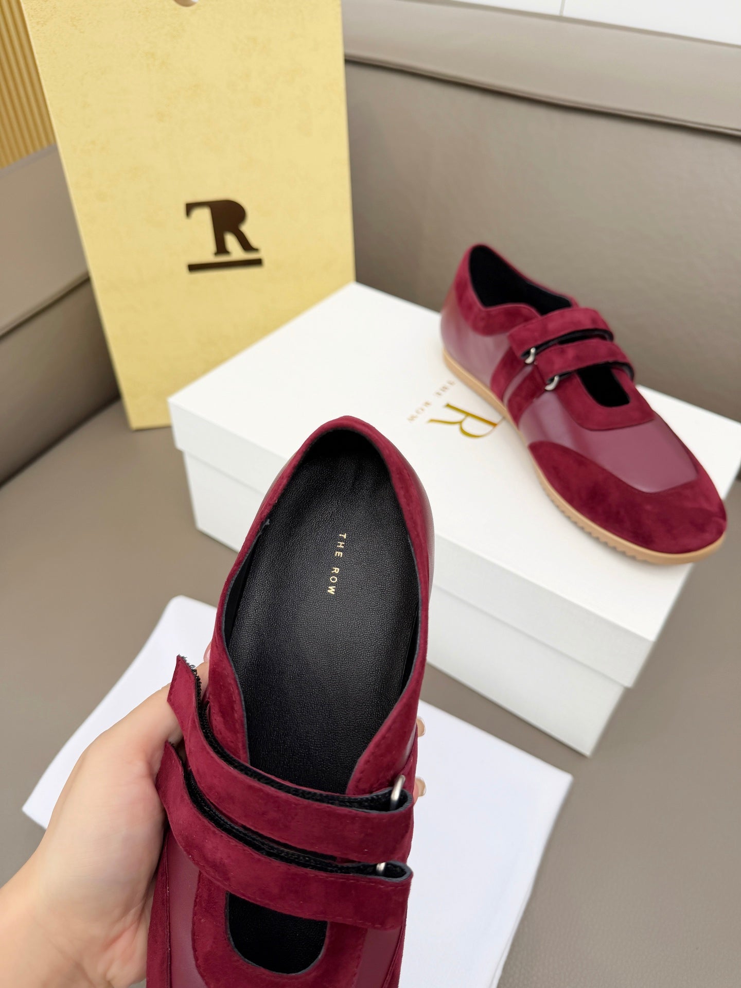 The Row Adjustable Strap Sneakers Burgundy Suede 832656