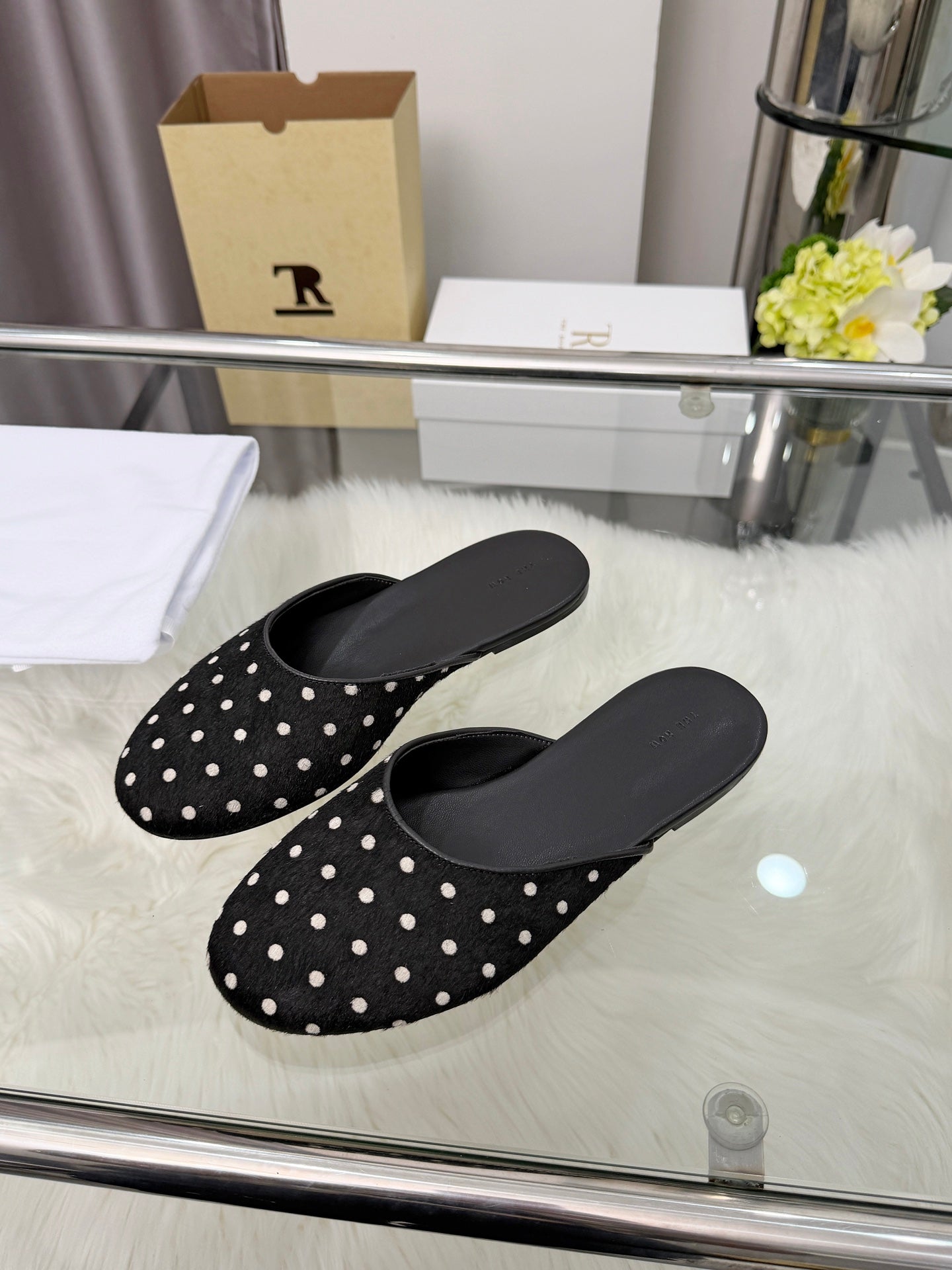 The Row Sleeper Two Slippers Black White Suede 707568