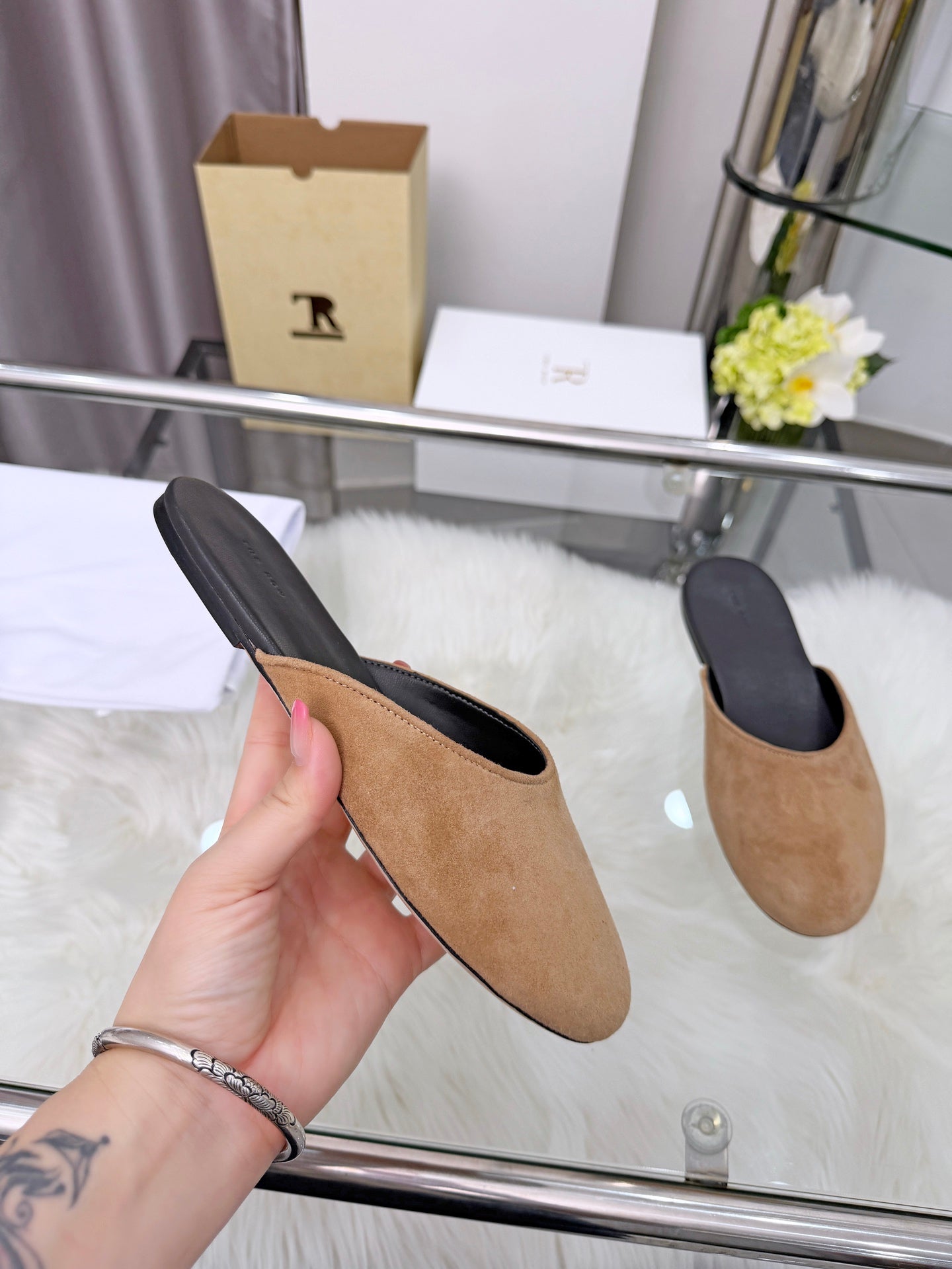 The Row Sleeper Two Slippers Beige Suede 707571