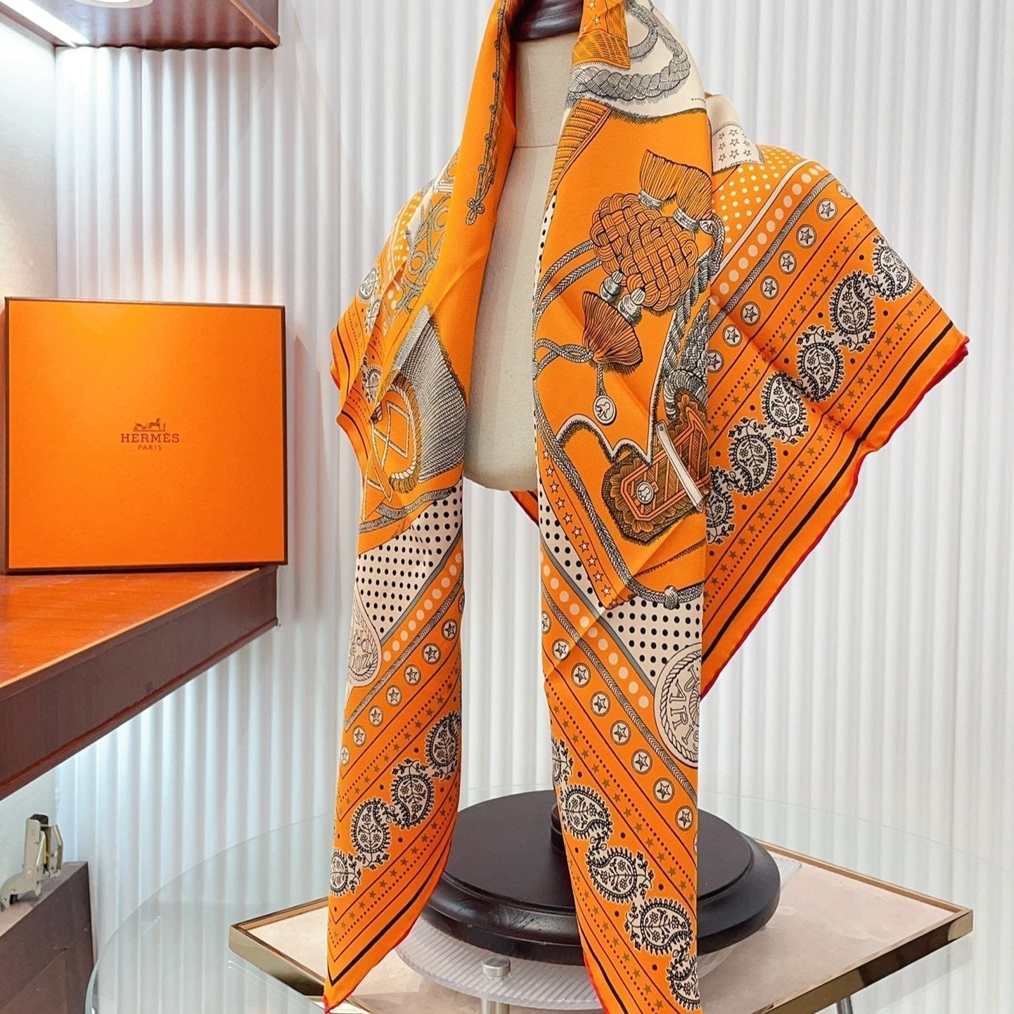 Zouaves Et Dragons Bandana Shawl 90 CM In Orange Colorful Silk Twill 262788