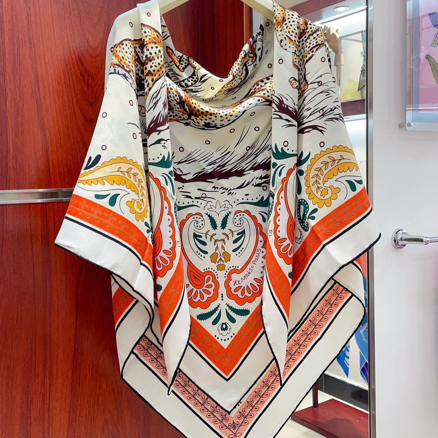 Guepards Bandana Double Face Scarf 140 CM In White Mix Red Colorful Cashmere And Silk 334190