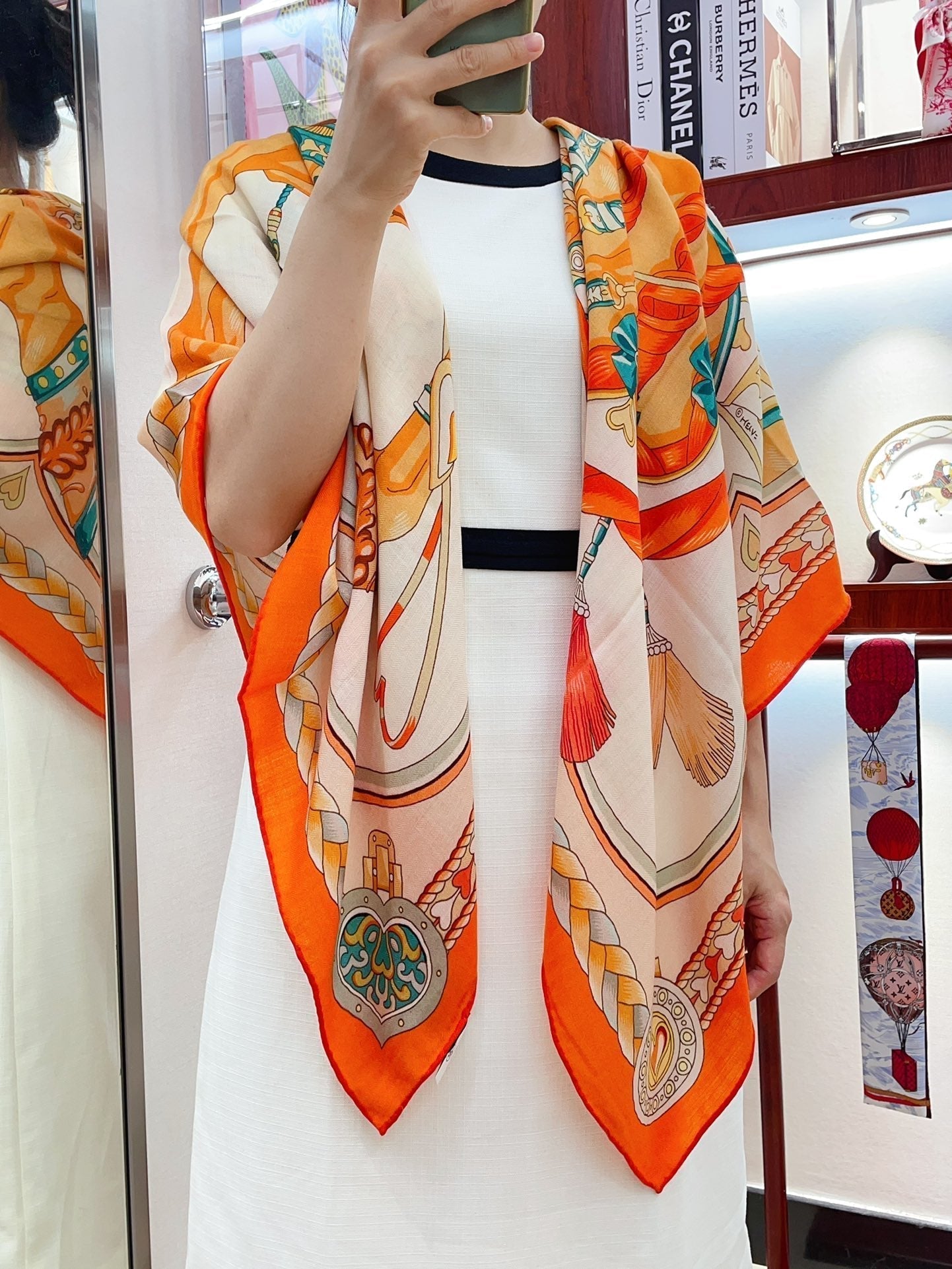 Carré Harnais De Cœur Scarf 140 CM In Orange Colorful Cashmere And Silk 335856