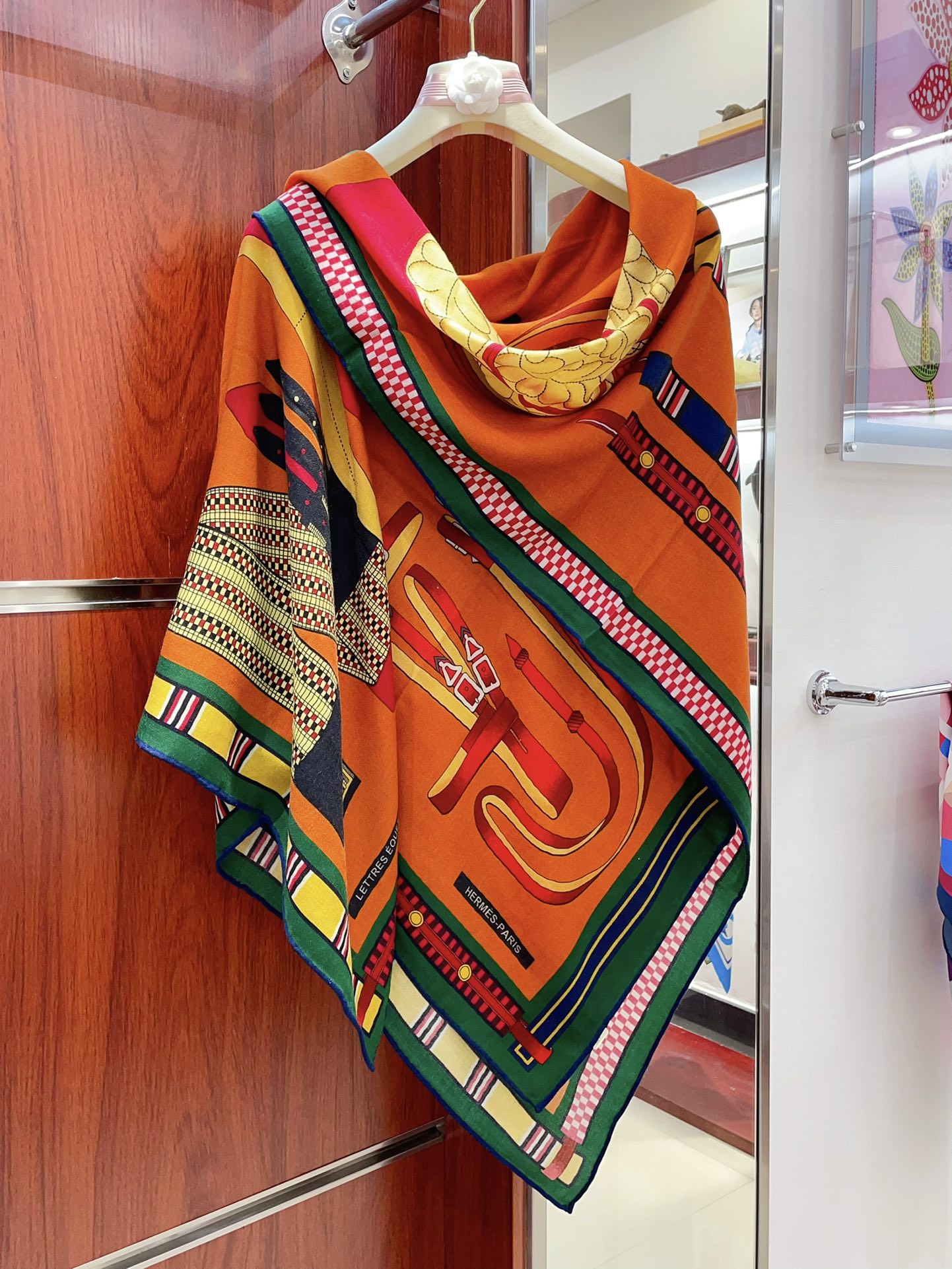 HM Lettres Equestre Scarf 140 CM In Orange Green Colorful Cashmere And Silk 359398