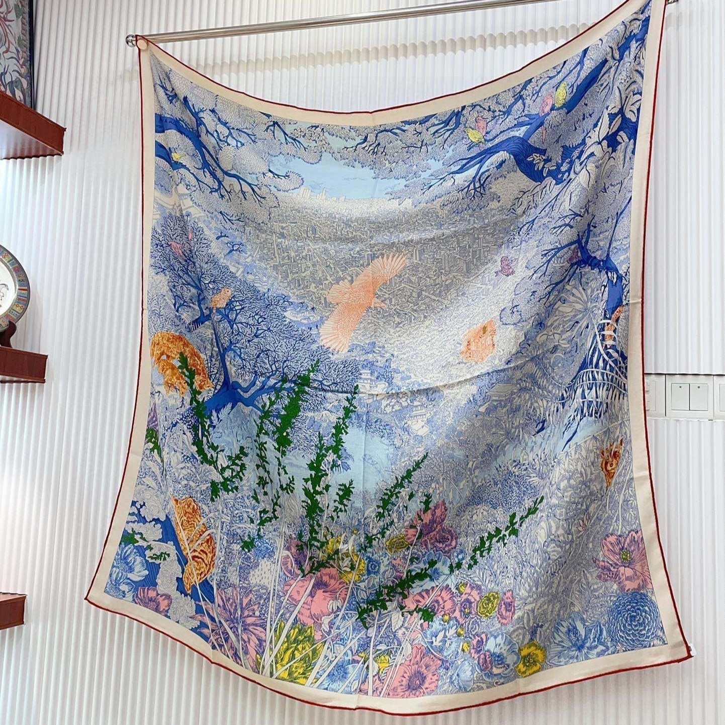 Retour A La Nature Shawl 140CM In Dakr Blue Colorful Cashmere And Silk