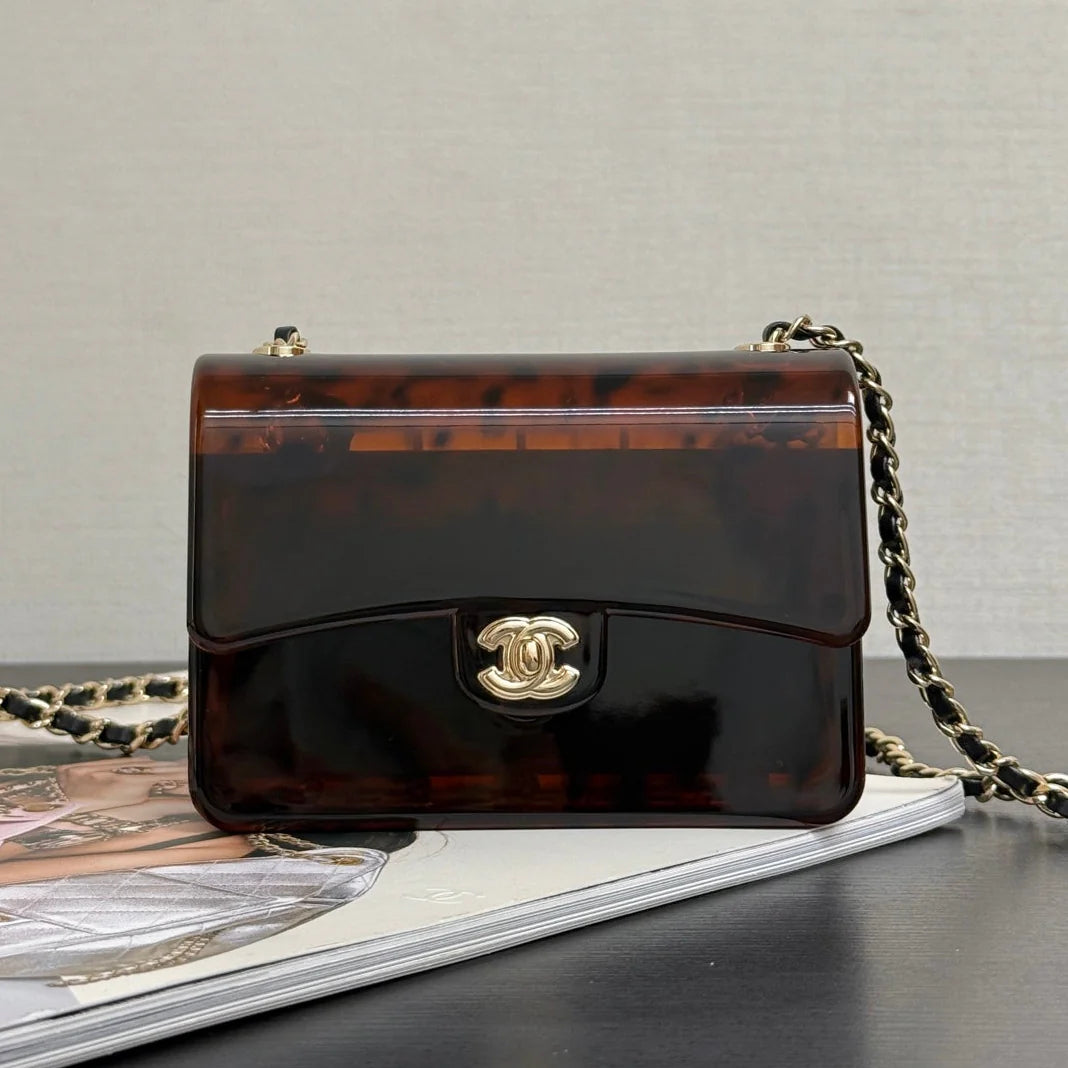 Chanel 2026 Mini Evening Bag 12cm Black Tortoiseshell-patterned Plexi Gold Metal