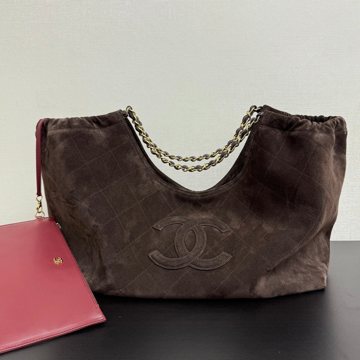 CC 26s Hobo Bag Brown Suede Quilted Big CC Logo