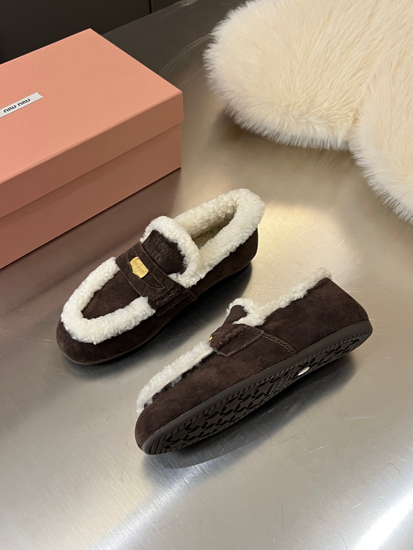 Miu Logo-Embossed Loafer Deep Neutral Suede Shearling 455916
