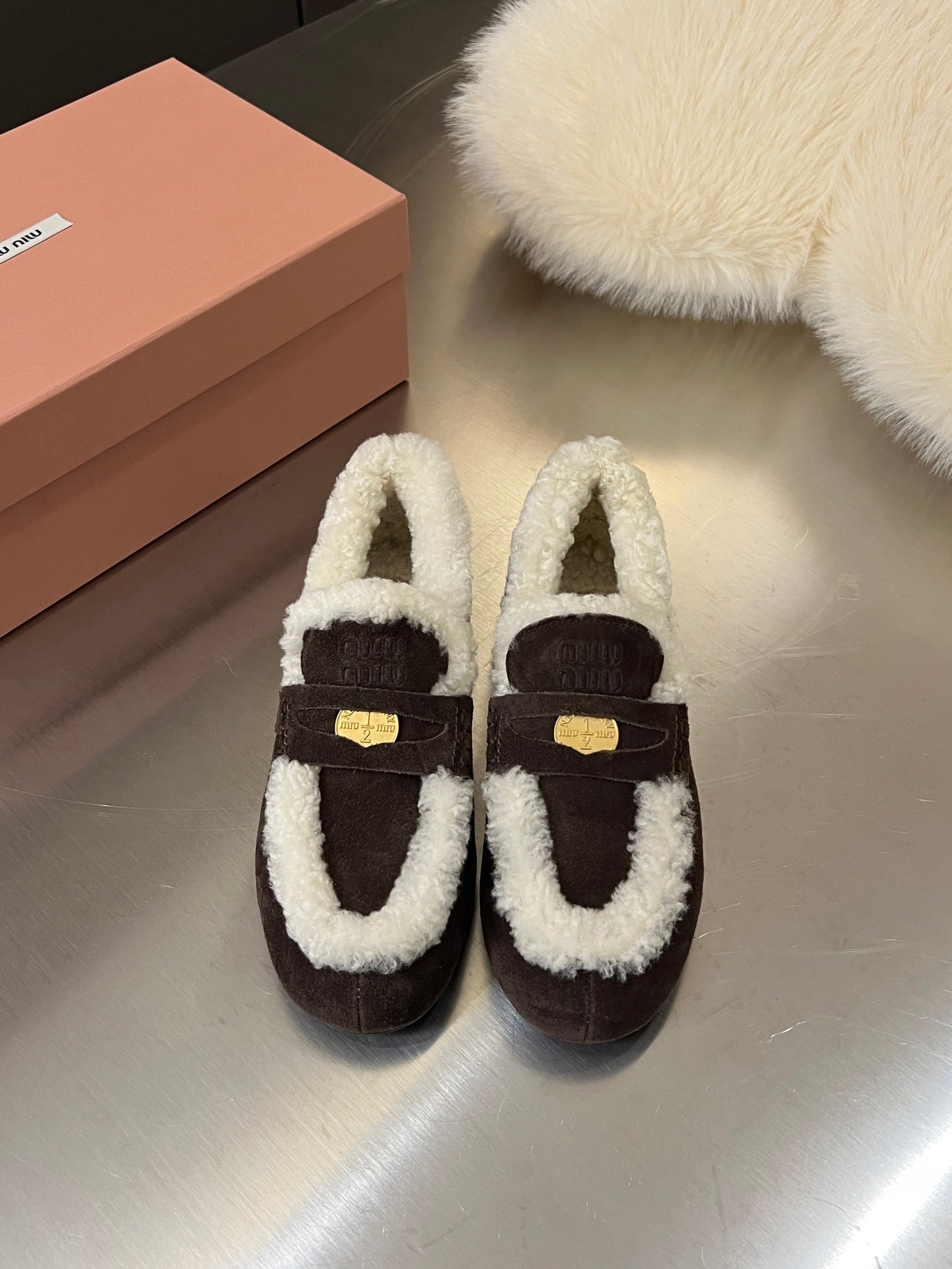 Miu Logo-Embossed Loafer Deep Neutral Suede Shearling 455916