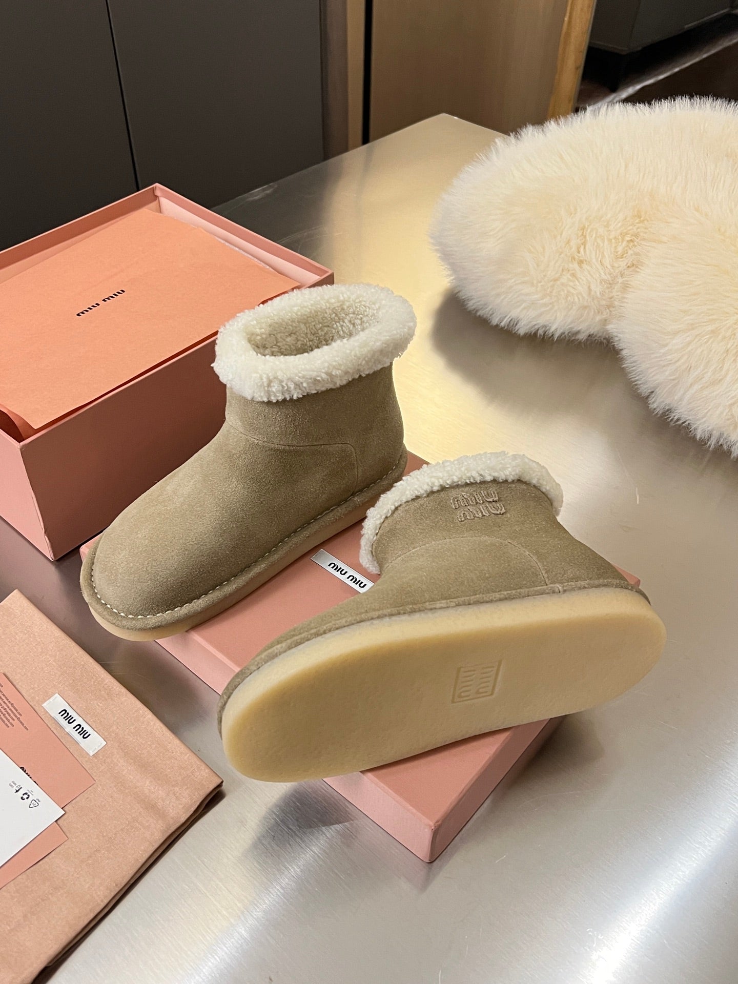 Miumiu 25 Boot Beige White Suede Wool 510221